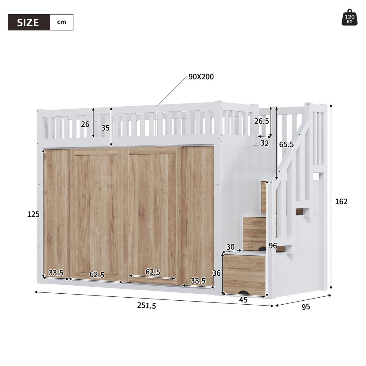 HOCHBETT 90/200 cm mit Kleiderschrank, Treppenschrank und App-gesteuerter LED-Lichtleiste, Weiß/Eichefarben - Weiß, Holzwerkstoff (90/200cm) - Redom