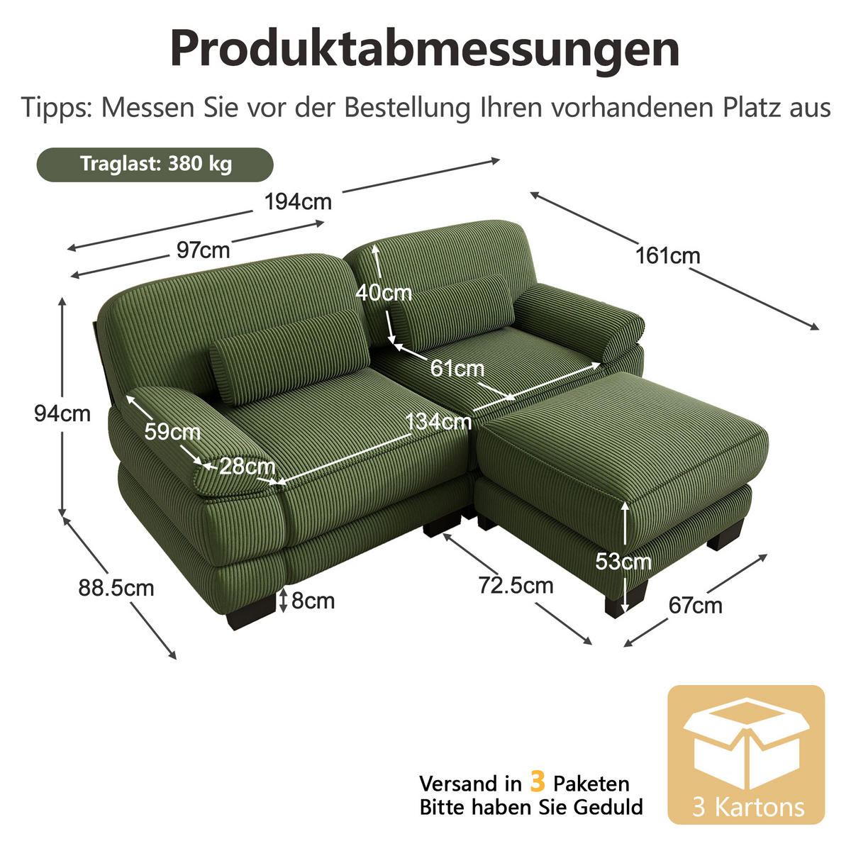 ECKSOFA 2-Sitzer L-Form mit Hocker, DE-42659, Grün - Grün, Holz (194/161cm) - ComfortXL