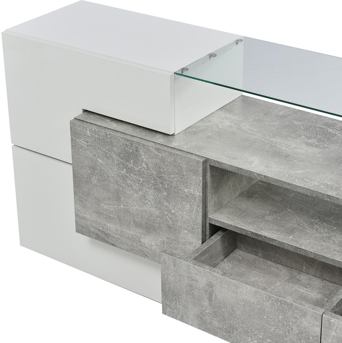 LOWBOARD 200/35/60 cm in Hochglanzweiß und Beton aus MDF mit LED-Beleuchtung - Weiß, Holzwerkstoff (30/60/200cm) - OKMYHOME