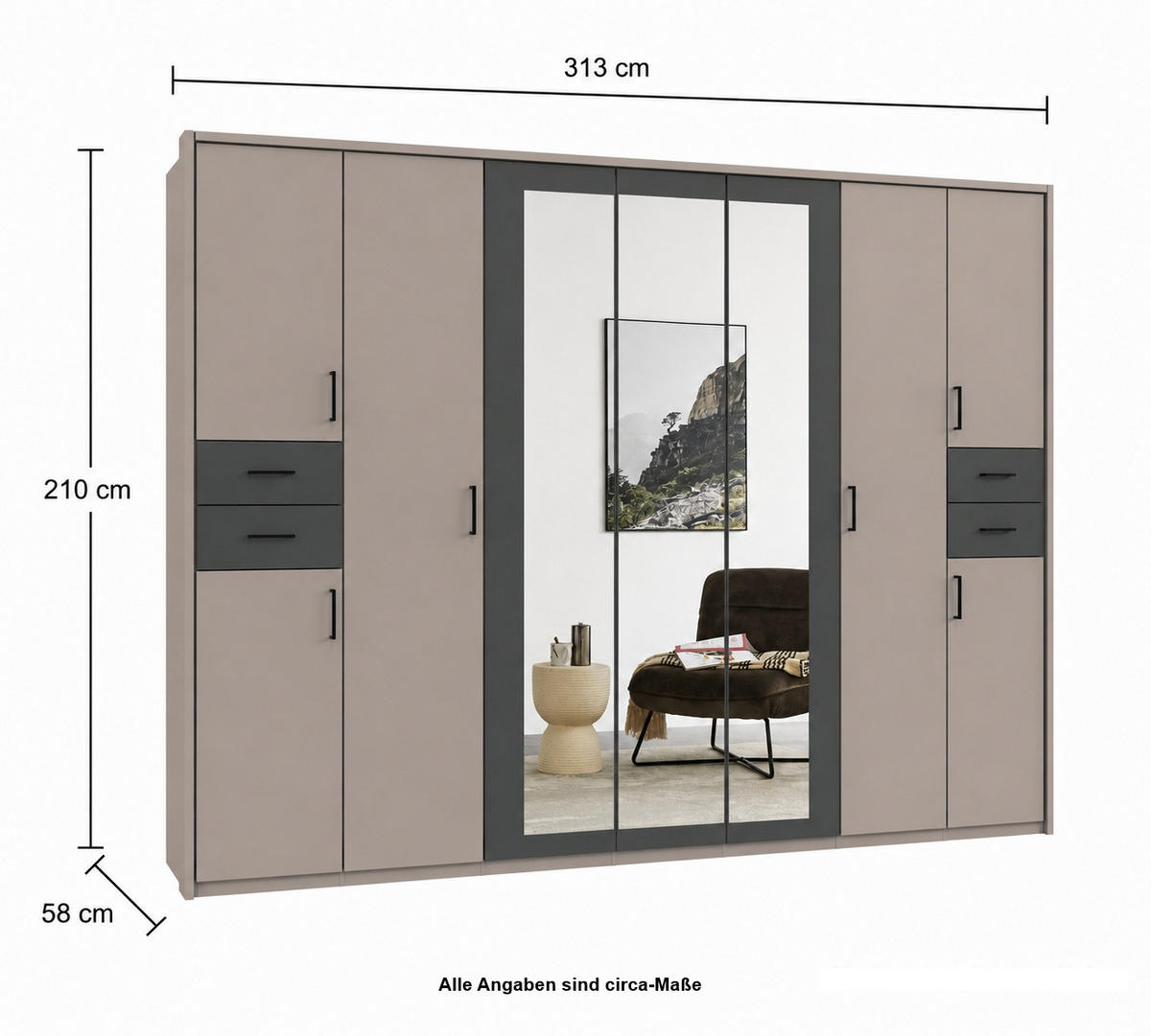 DREHTÜRENSCHRANK Kleiderschrank 313 cm mit Schubkästen & Passepartout & 3 Spiegeltüren, Sand Grau mit Absetzungen in Grafit, Griffe schwarz / 22585 - Sandfarben/Graphitfarben, Holzwerkstoff/Kunststoff (313/210/58cm) - luma-home