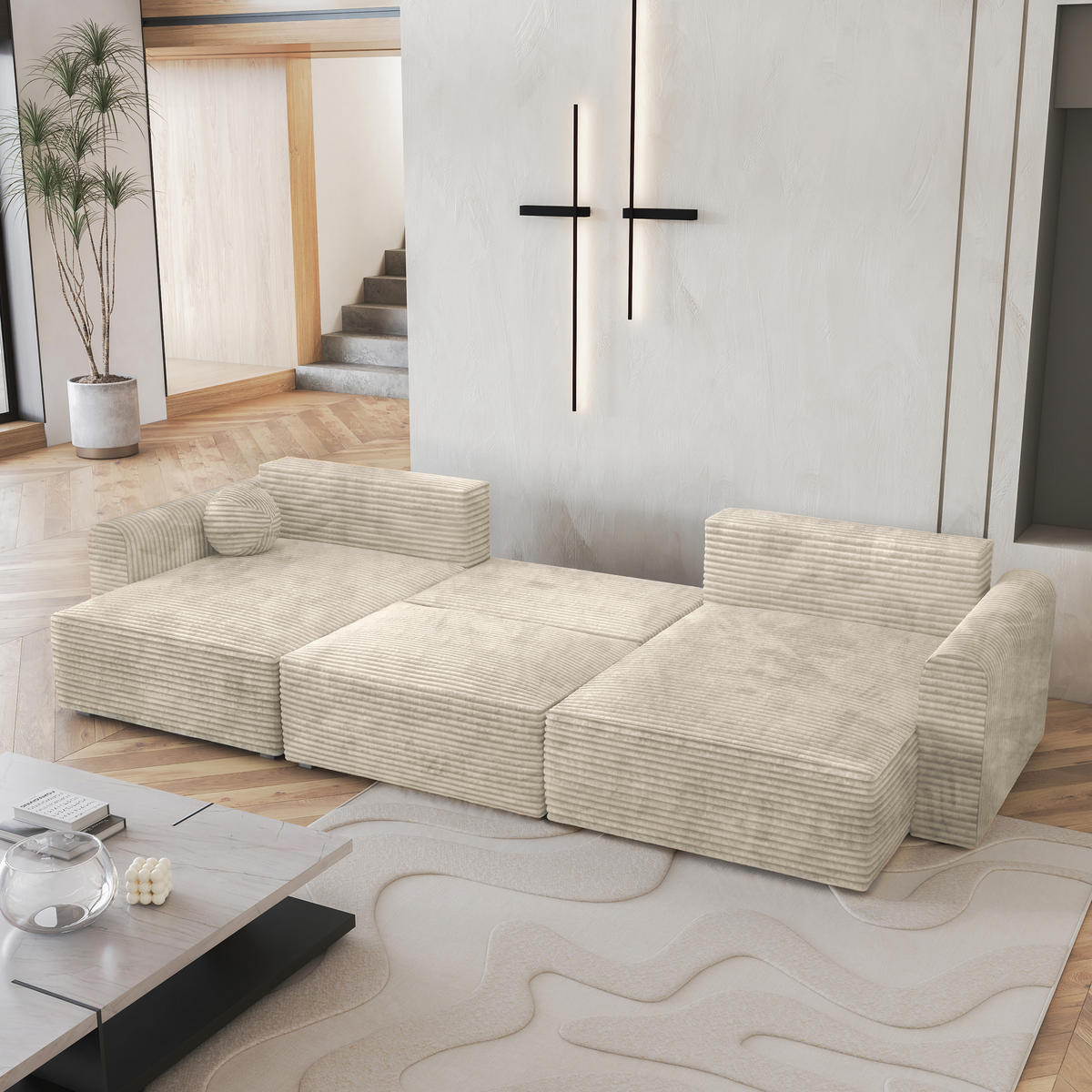 WOHNLANDSCHAFT FENTO Creme Kordstoff mit Schlaffunktion - Creme, Holz (347/90/148cm) - MASSENO
