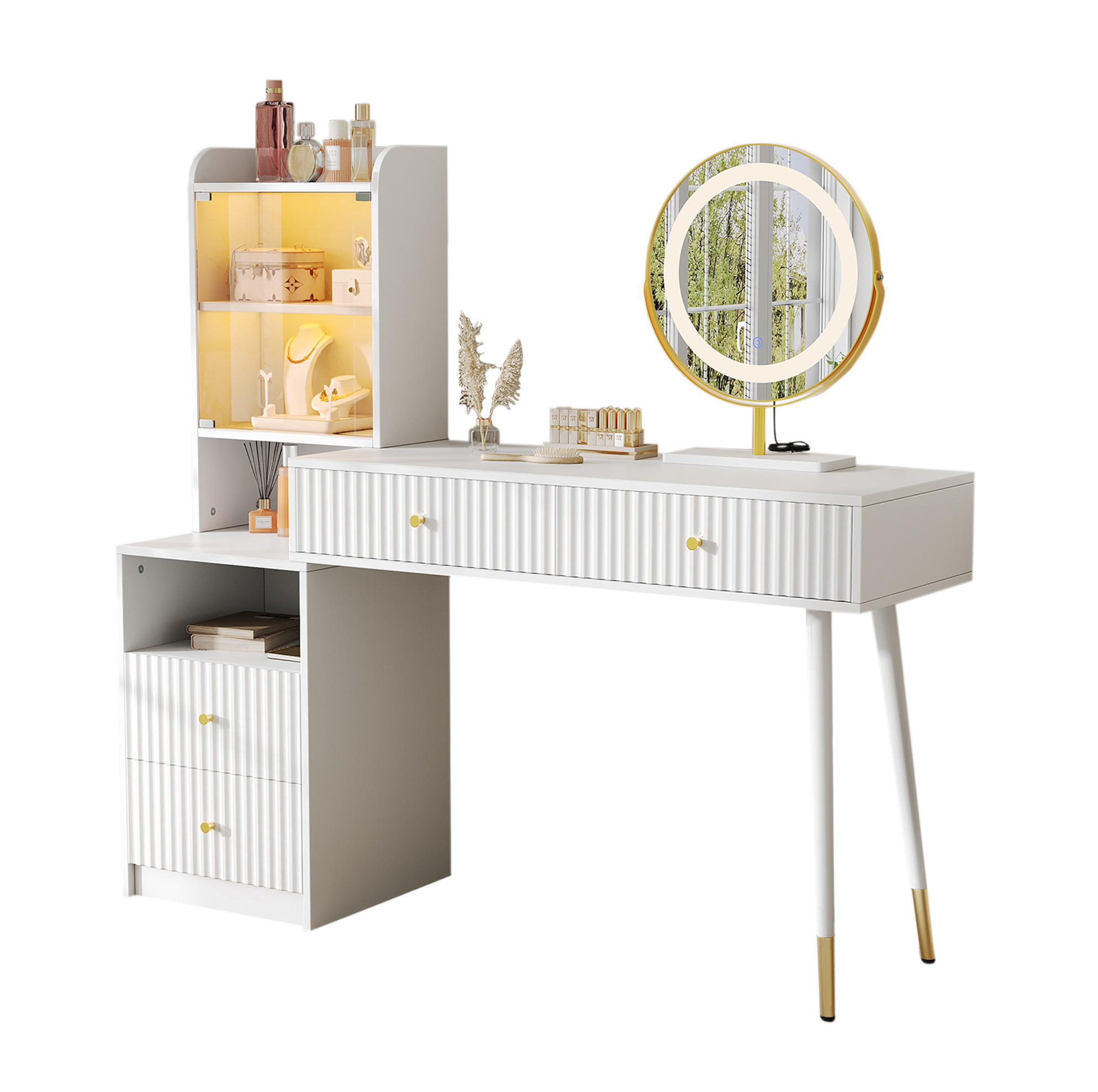 SCHMINKTISCH 100/40/125 cm in Weiß mit LED-Spiegel und viel Stauraum - Weiß, Holzwerkstoff (100/125/40cm) - Flora Grace