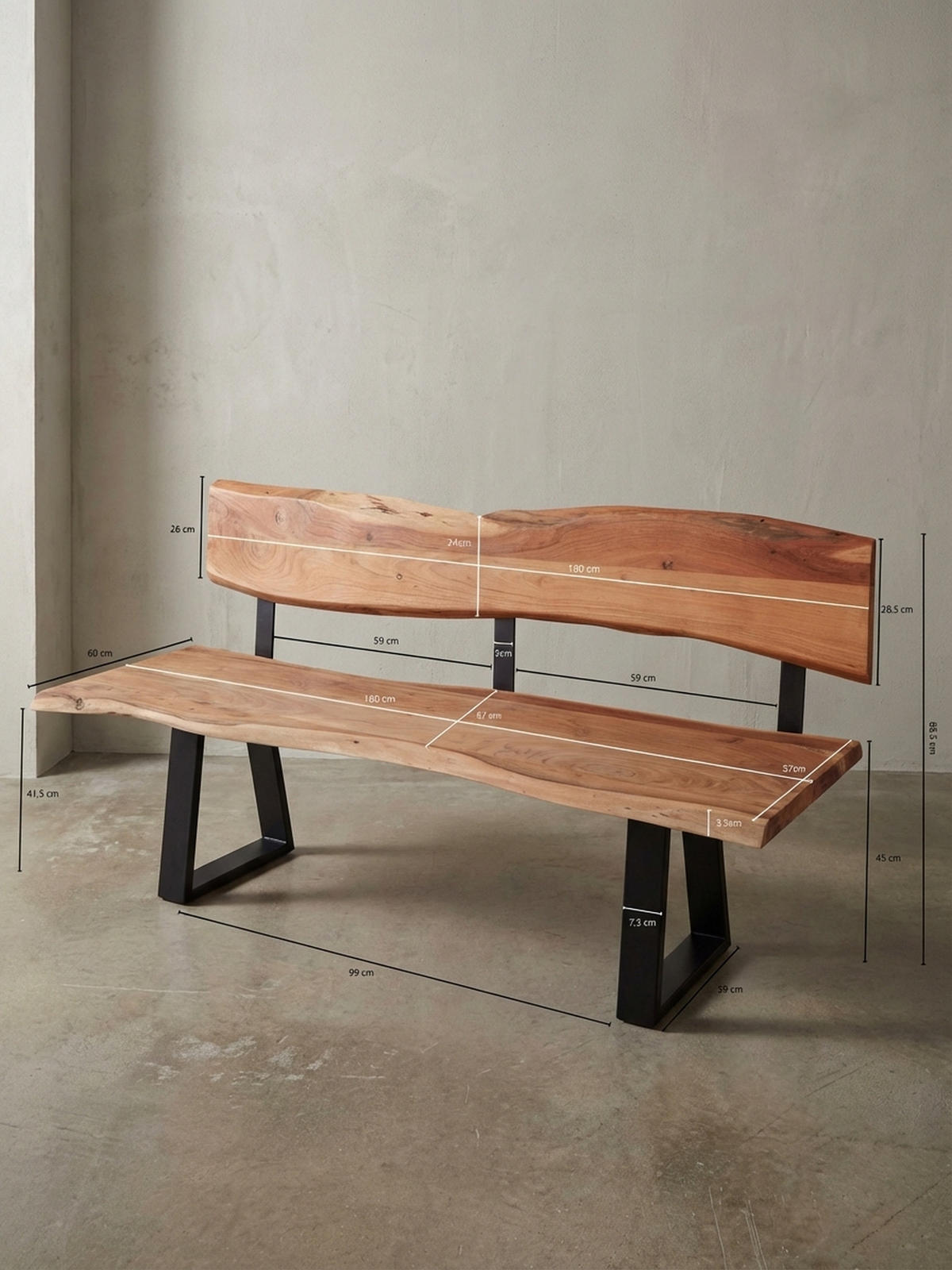 ESSZIMMERBANK Landhausstil Baumkante Akazienholz, Beige 180x60x84 cm - Beige/Schwarz, Holz/Metall (180/84/60cm) - KADIMA DESIGN