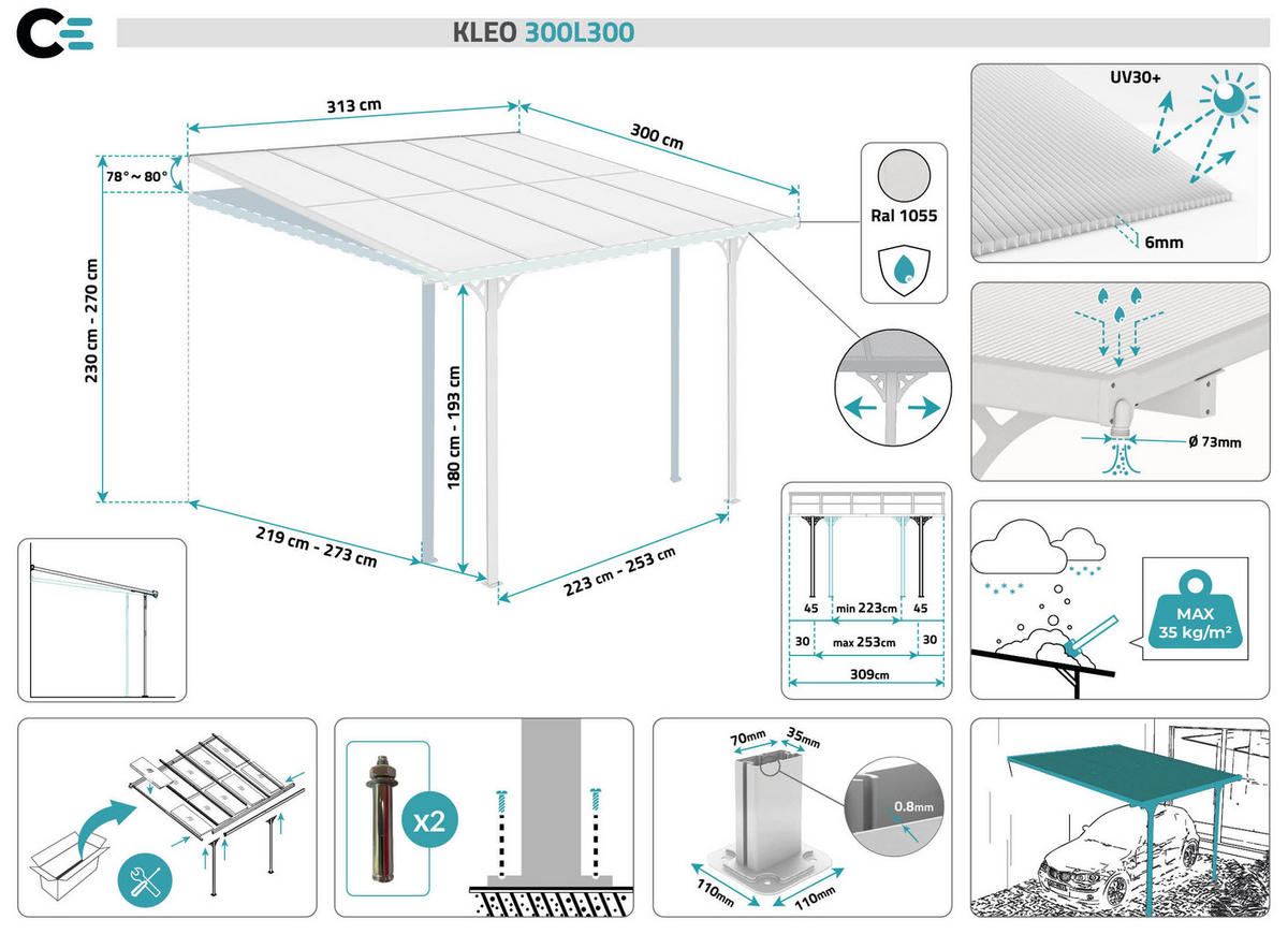 PERGOLA / CARPORT Kleo Weiß 3m x 3m - Weiß, Metall (313/270/300cm) - Cazeboo