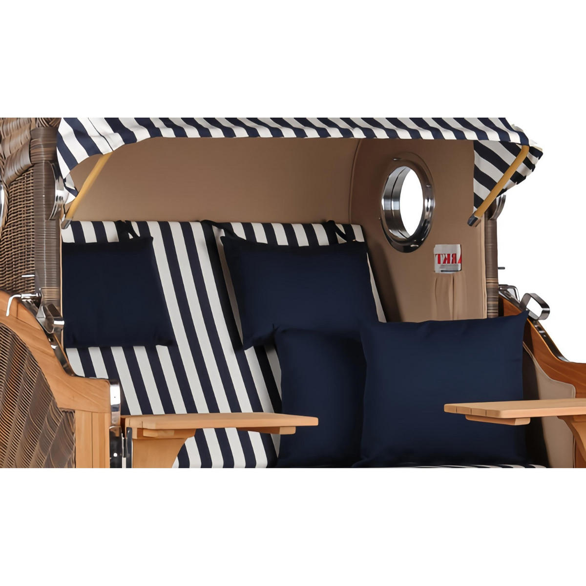 STRANDKORB Düne Grande Bullauge Teak PE Grey Dessin 518 - Blau/Braun, Metall (142/170/95cm) - Mr. Deko