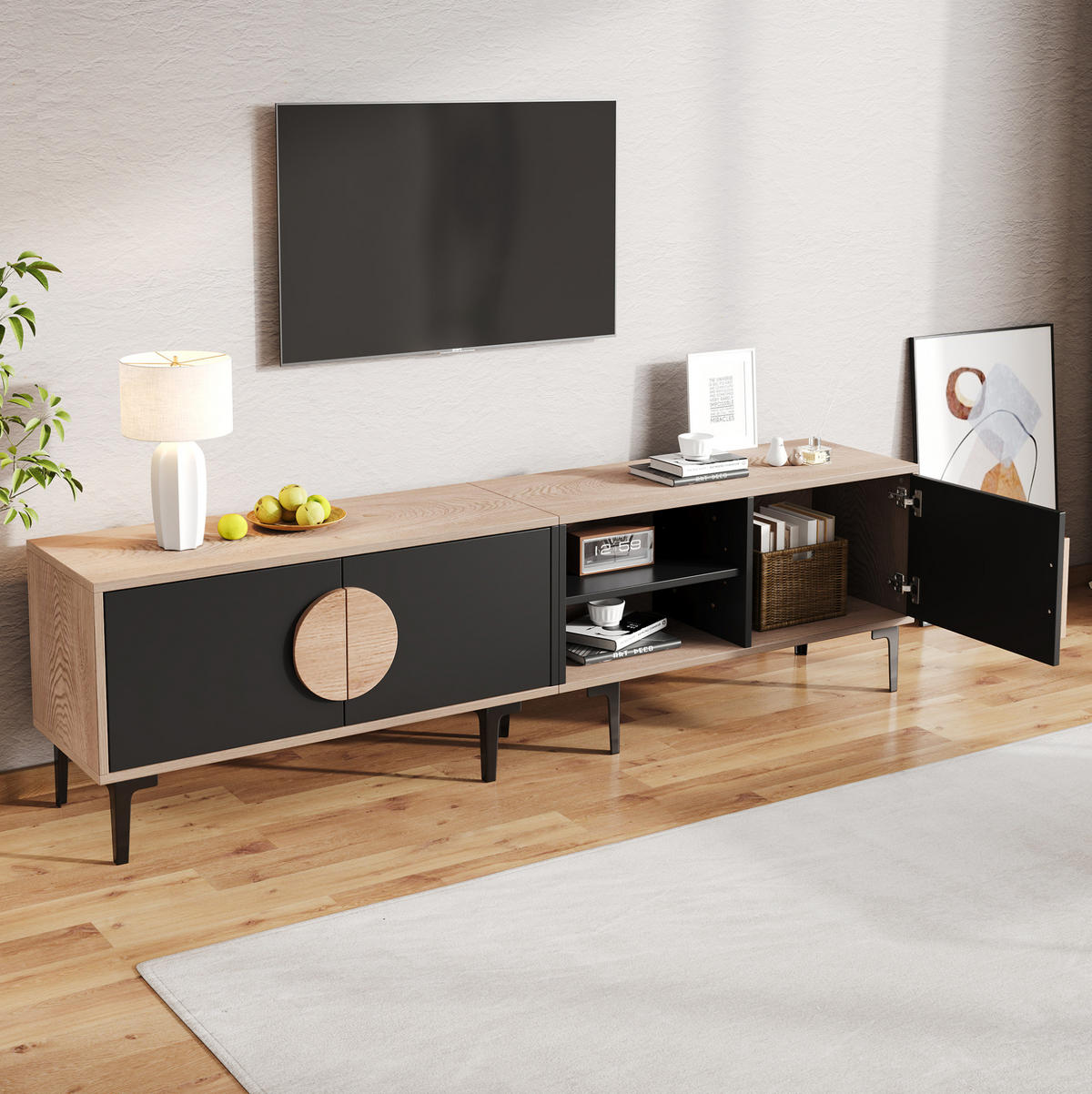 TV-ELEMENT mit 3 Türen und offenen Fächern 180 x 35 cm Holzoptik Schwarz - Schwarz, Holzwerkstoff (35/49/180cm) - Beauniv