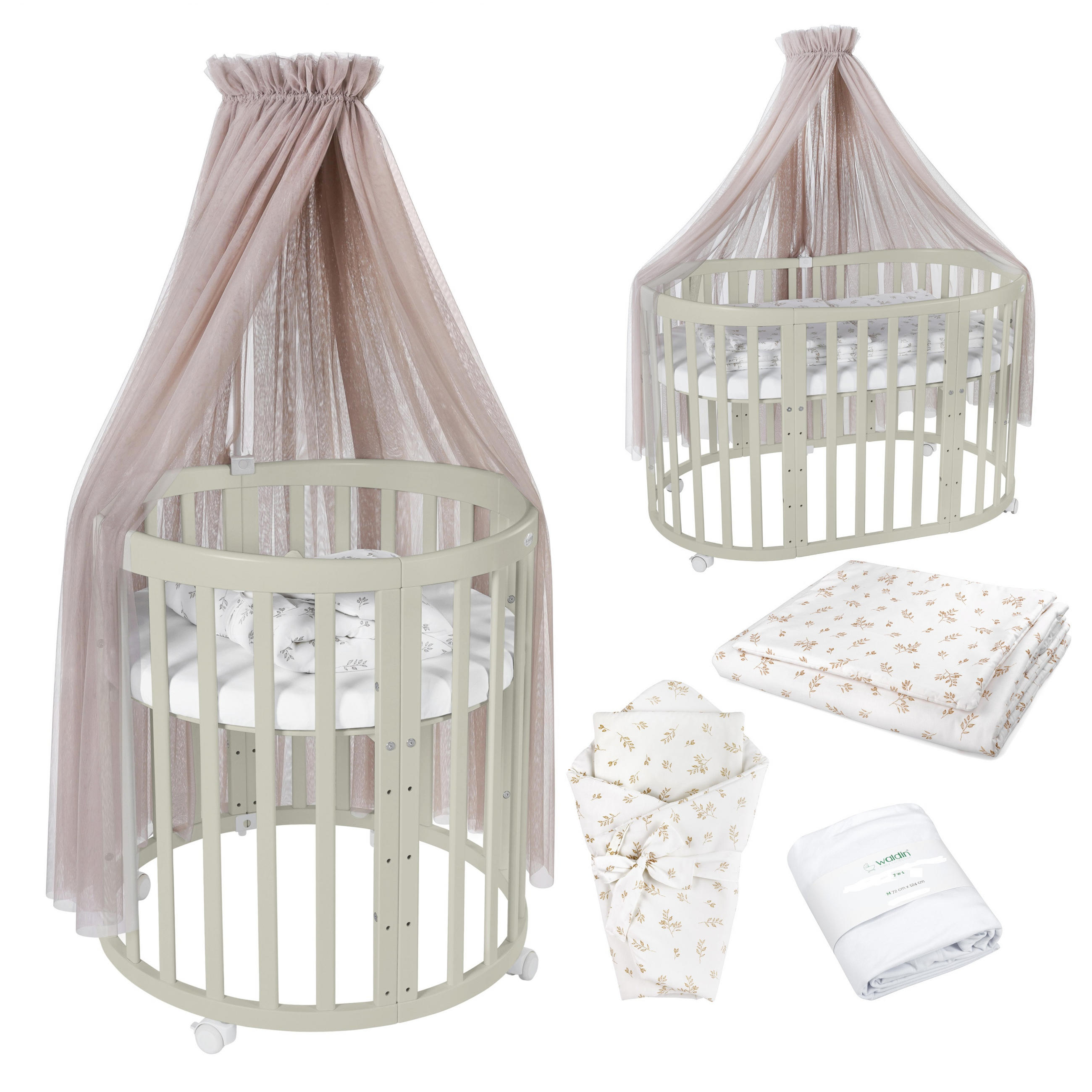 BABYBETT OLIVE OVAL 7in1 mit Matratze und Himmelset - Taupe/Olivgrün, Holz/Textil
