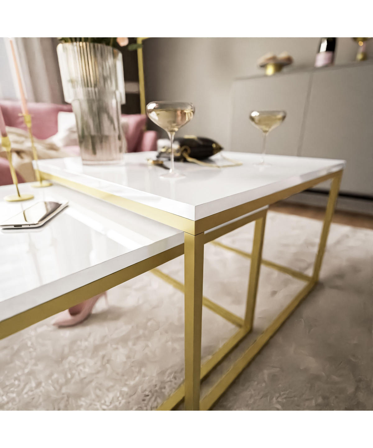 COUCHTISCH YOSHI 2in1 70/70/46 cm Gold matt / Weiß hochglanz - Weiß, Holzwerkstoff/Metall (70/70/46cm) - Lookway