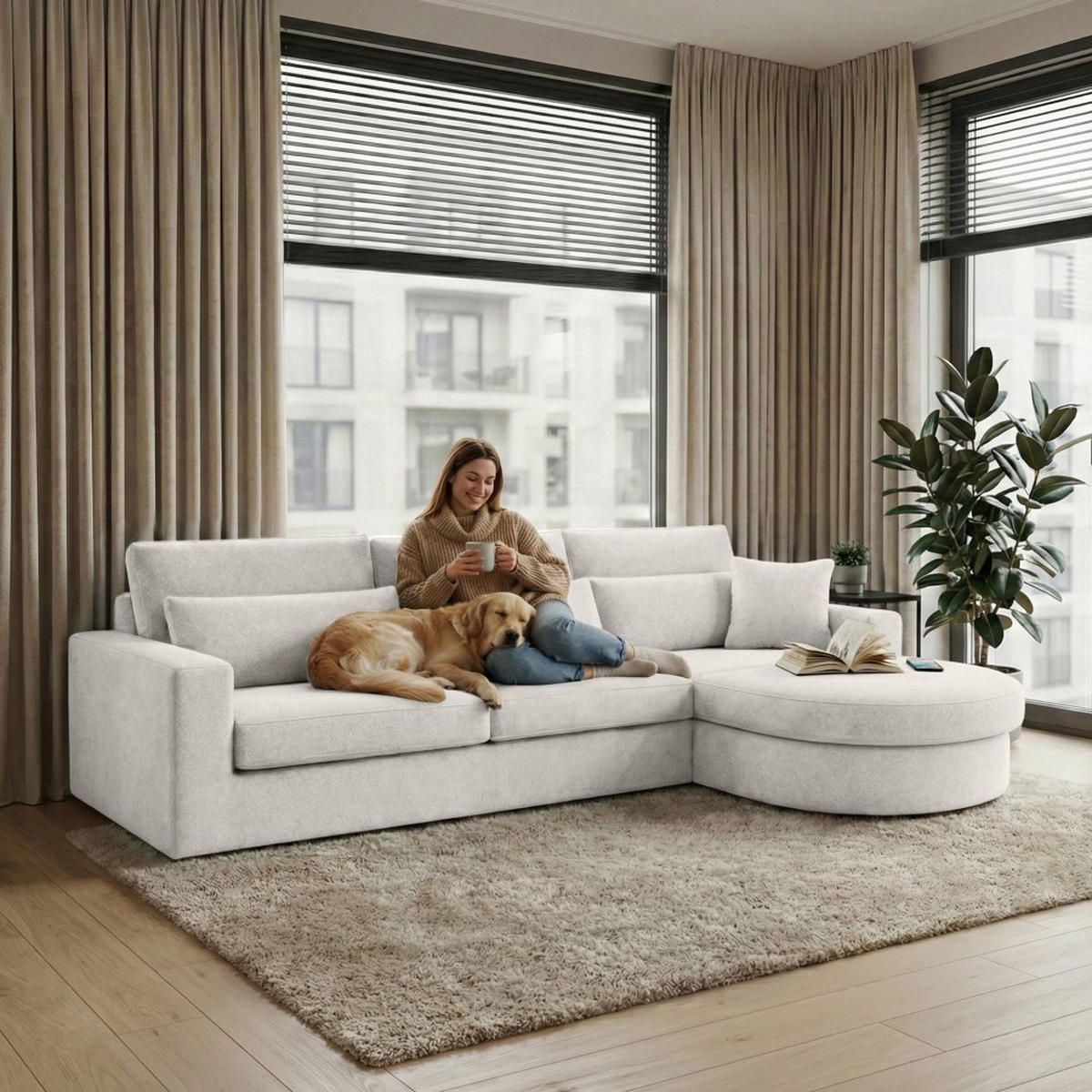 ECKSOFA Pablo ohne Schlaffunktion, mit abgerundeter Ottomane, rechts, Beige, Velourstoff - Weiß, Textil (319/196cm) - Beautysofa