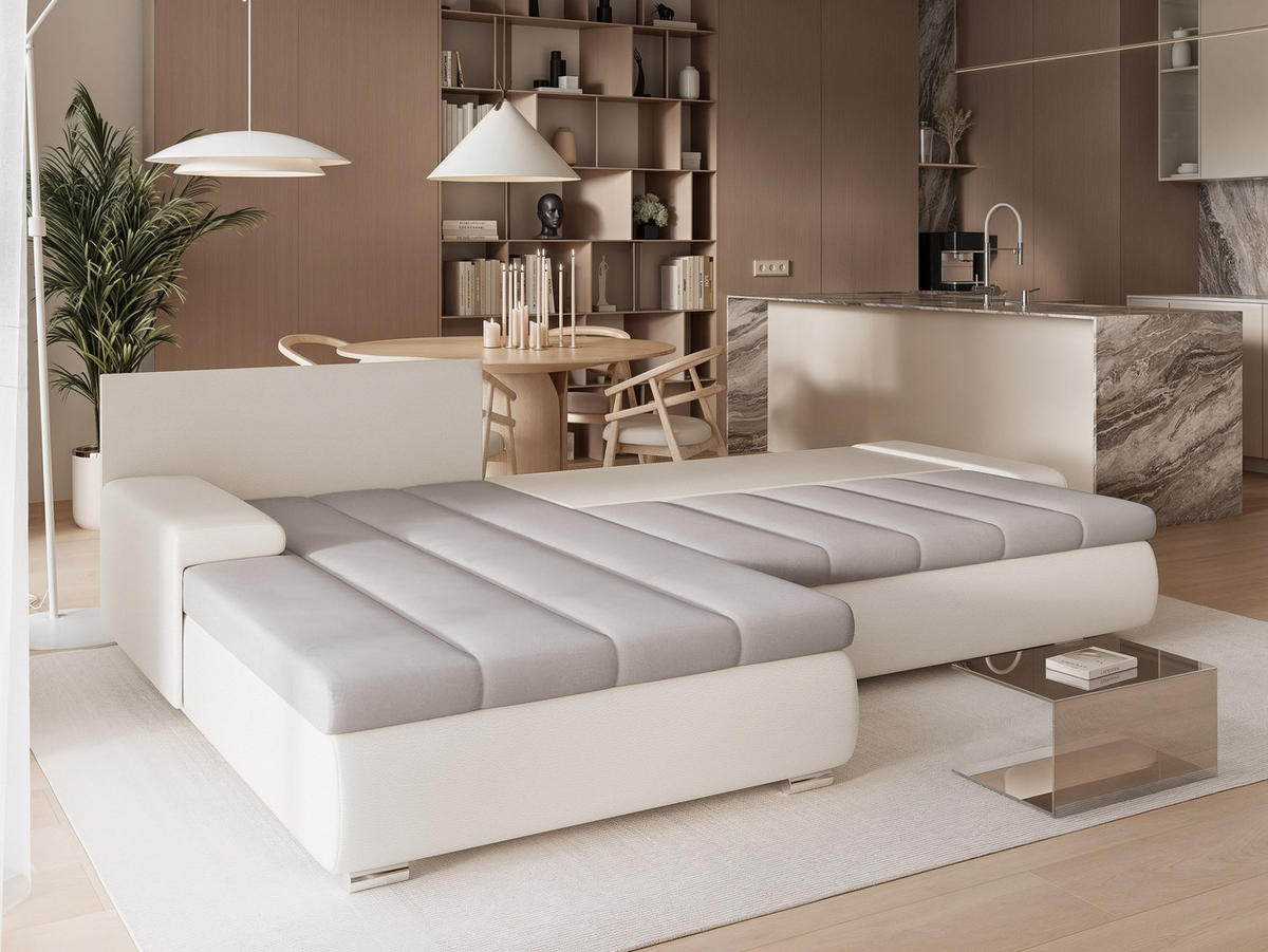 ECKSOFA VELANO mit Schlaffunktion und Bettkasten Creme/Hellgrau - Hellgrau, Holzwerkstoff/Kunststoff (250/90cm) - Idohome