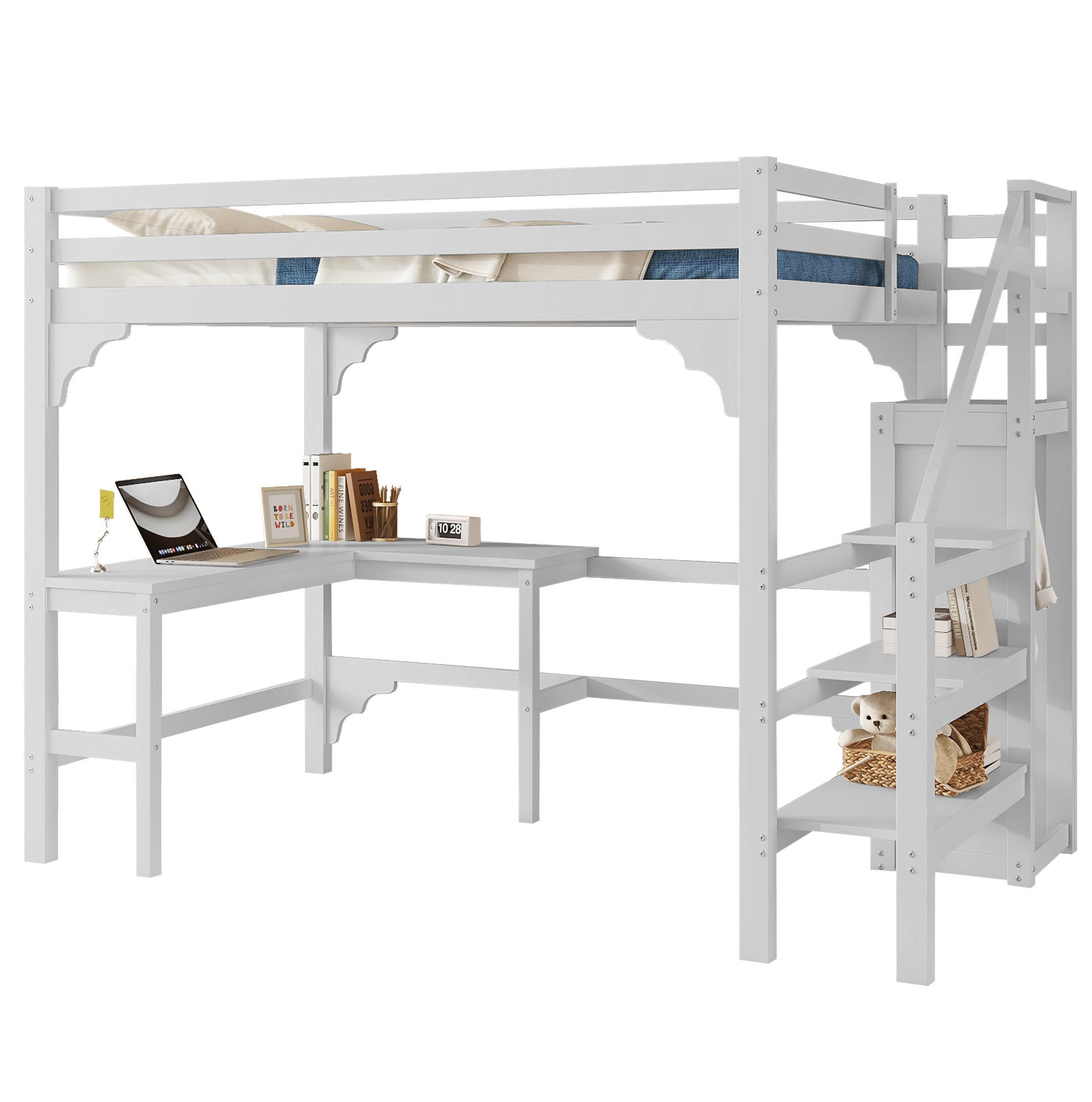 HOCHBETT 140/200 cm mit L-förmigem Schreibtisch, offenem Kleiderschrank und Stauraumtreppe, Kiefer/MDF, Weiß - Weiß, Holzwerkstoff (140/200cm) - Redom