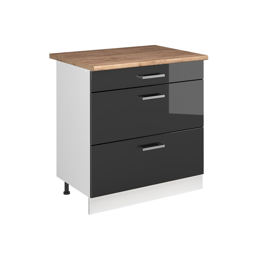 Vicco SPODNÍ SKŘÍŇKA KUCHYŇSKÉ LINKY R-Line, Antracitový vysoký lesk/Bílá, 80 cm se 3 zásuvkami pracovná doska Dub Goldkraft