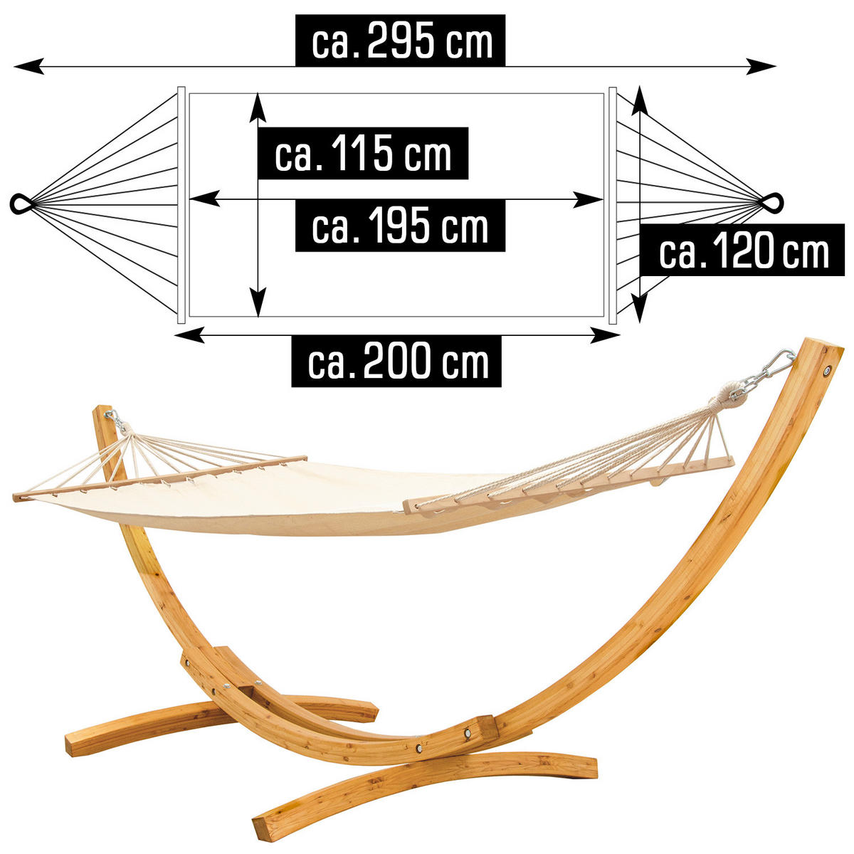 HÄNGEMATTE mit Holzgestell bis 150kg, 310/120cm, Beige - Beige, Holz (120/118/325cm) - Amanka