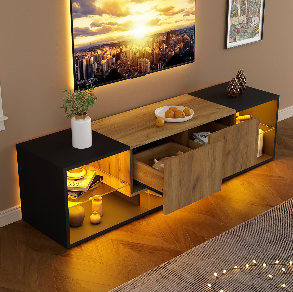 TV-LOWBOARD 160/40/42 cm Schwarz/Natur aus Spanplatte mit LED - Schwarz, Holzwerkstoff (40/42/160cm) - OKWISH