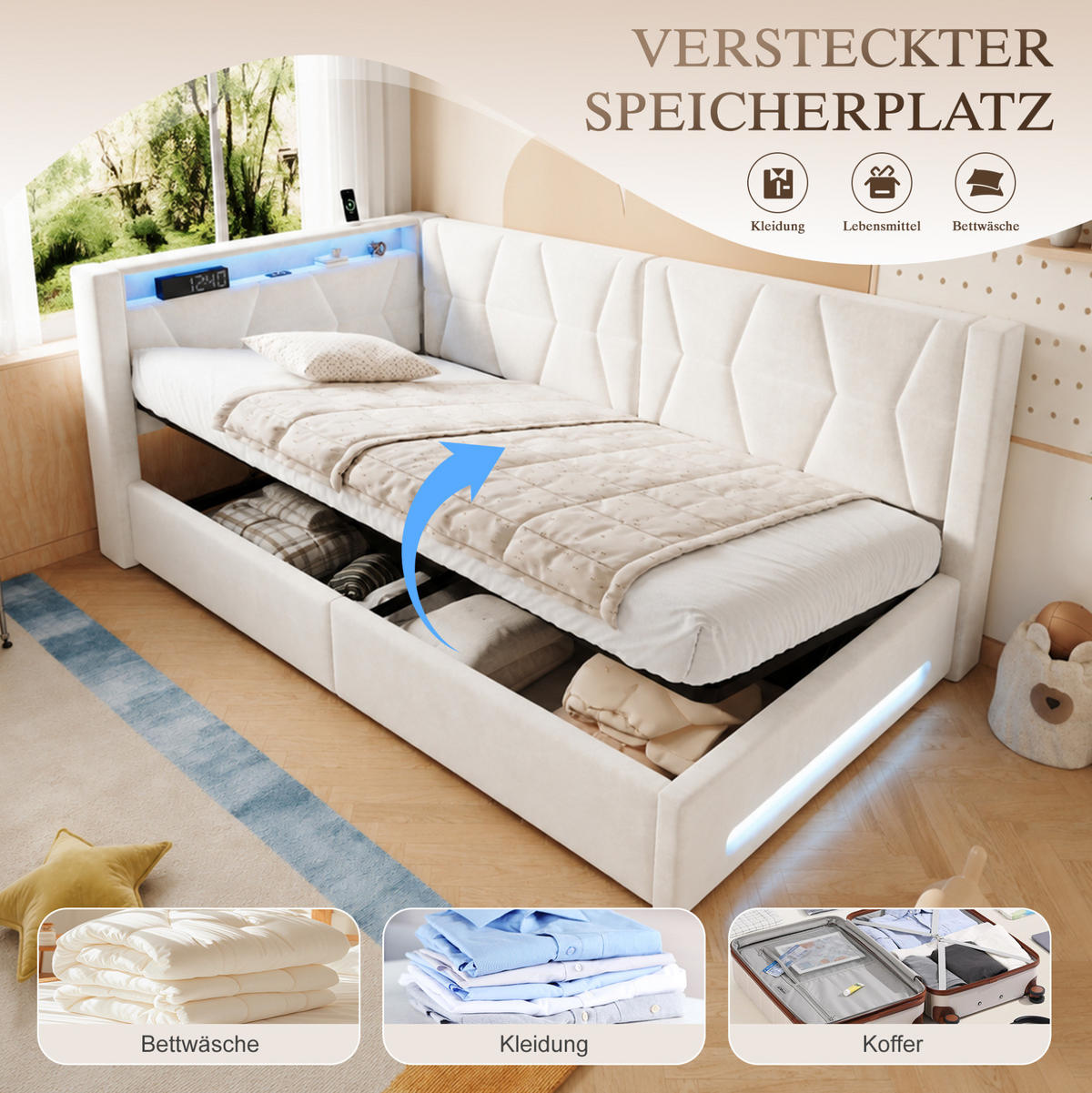 POLSTERBETT 90x200 cm in Beige mit Bettkasten, LED, USB und Type-C - Beige, Metall (90/200cm) - IVMEU