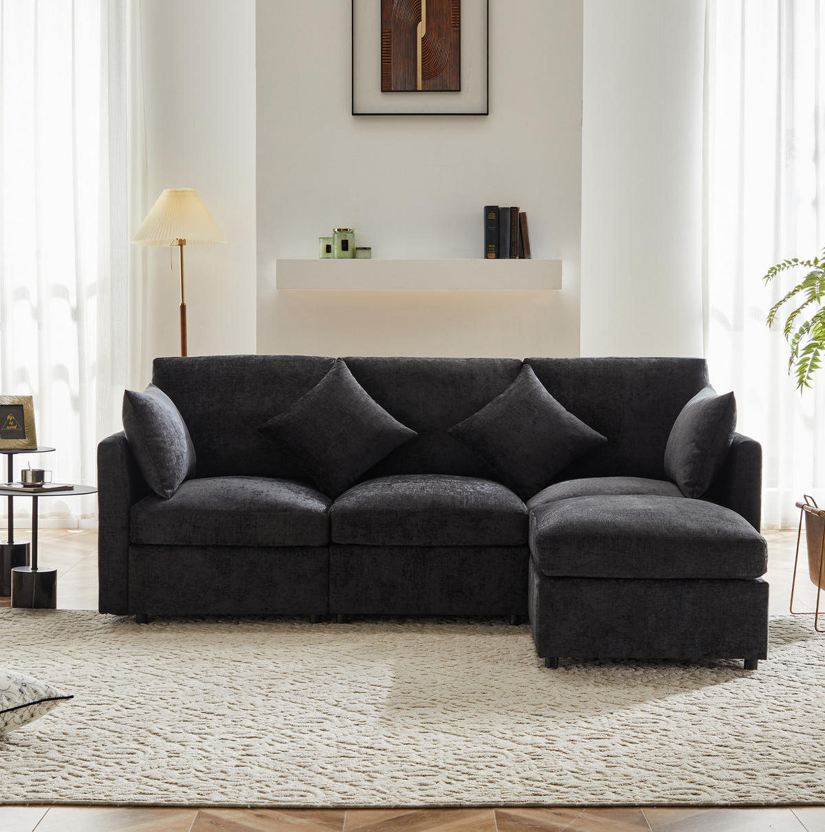 ECKSOFA 216/161/81 cm grau aus Chenille modular mit Hocker - Grau, Textil (161/216cm) - OKMYHOME