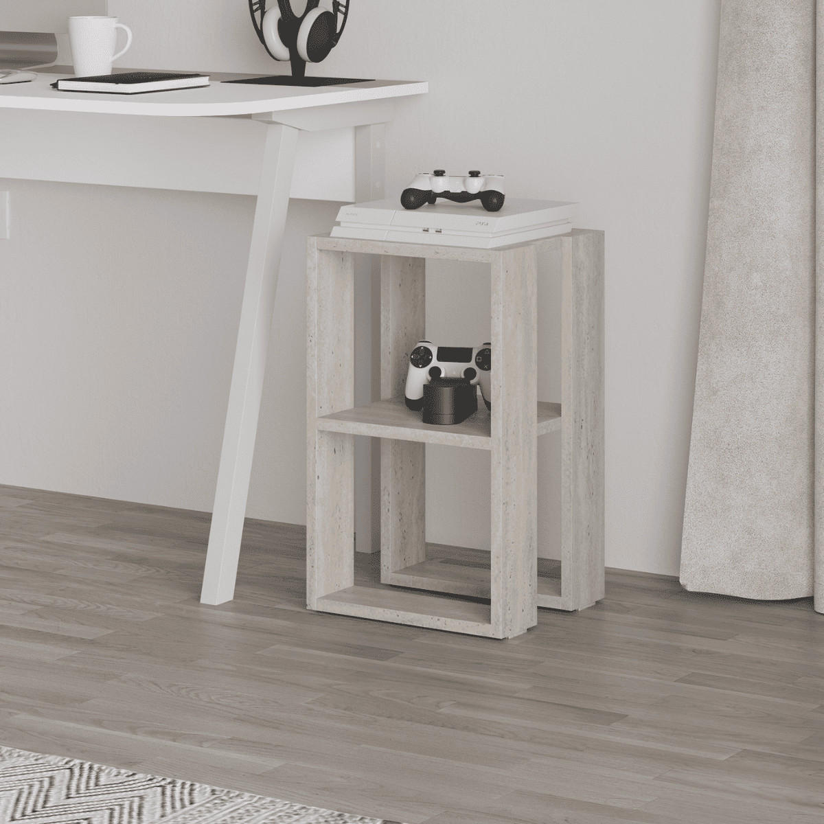 NACHTTISCH mit 2 regalböden, travertin-dekor - lonie 30/30/55 cm - Beige, Holzwerkstoff (30/55/70cm) - Calicosy