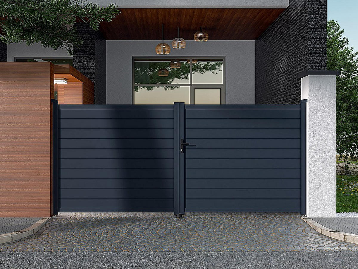 GARTENTOR Flügeltor Doppeltor - 397 x 181 cm - voll - Aluminium - Anthrazit - NAZARIO - Anthrazit, Metall (392/176cm) - Vente-Unique
