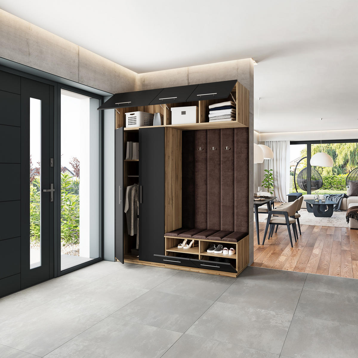 GARDEROBENSCHRANK REMA 180/240/60 cm Modern Garderobe-Set Eiche Wotan - Eiche Wotan/Schwarz, Holzwerkstoff (180/240/60cm) - MASSENO