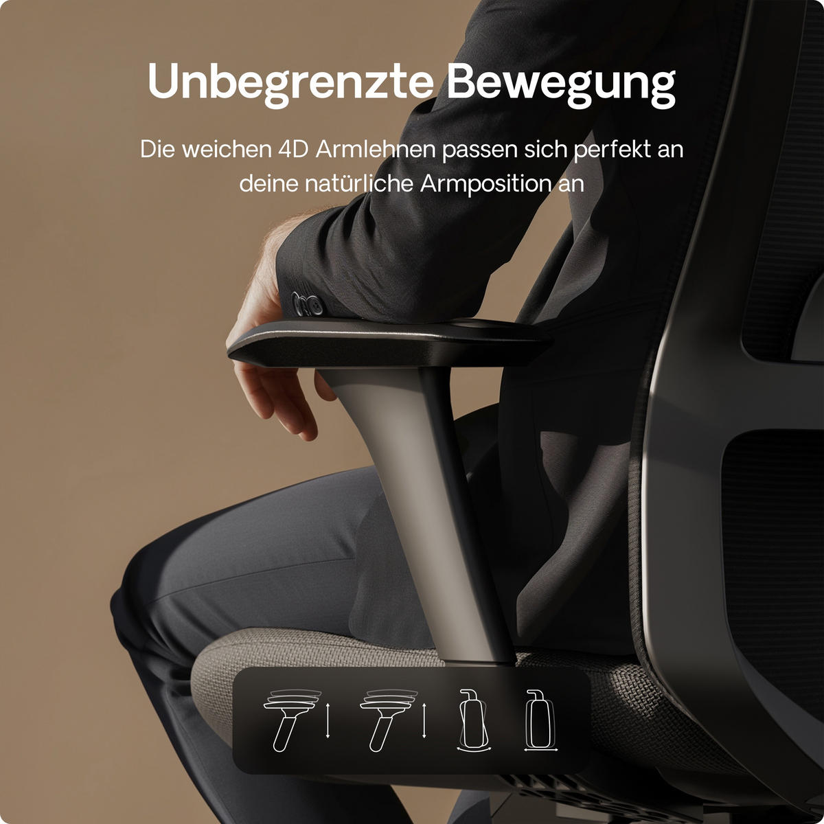 BÜROSTUHL Verstellbarer Ergonomischer SitOne Schwarz 4-Dimensional Armlehne, Integrierte 4-Wege-Lendenwirbelstütze - Schwarz, Kunststoff (60/125/68cm) - Desktronic