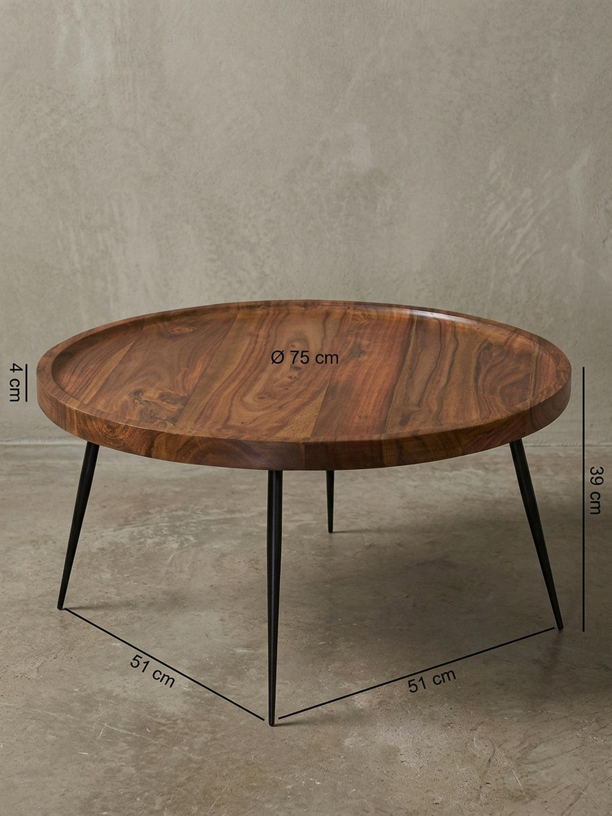COUCHTISCH Industrial-Stil Rund, Holzplatte und Metallbeine, Handgefertigt, Pflegeleicht - Schwarz/Braun, Holz/Metall (75/75/39cm) - KADIMA DESIGN