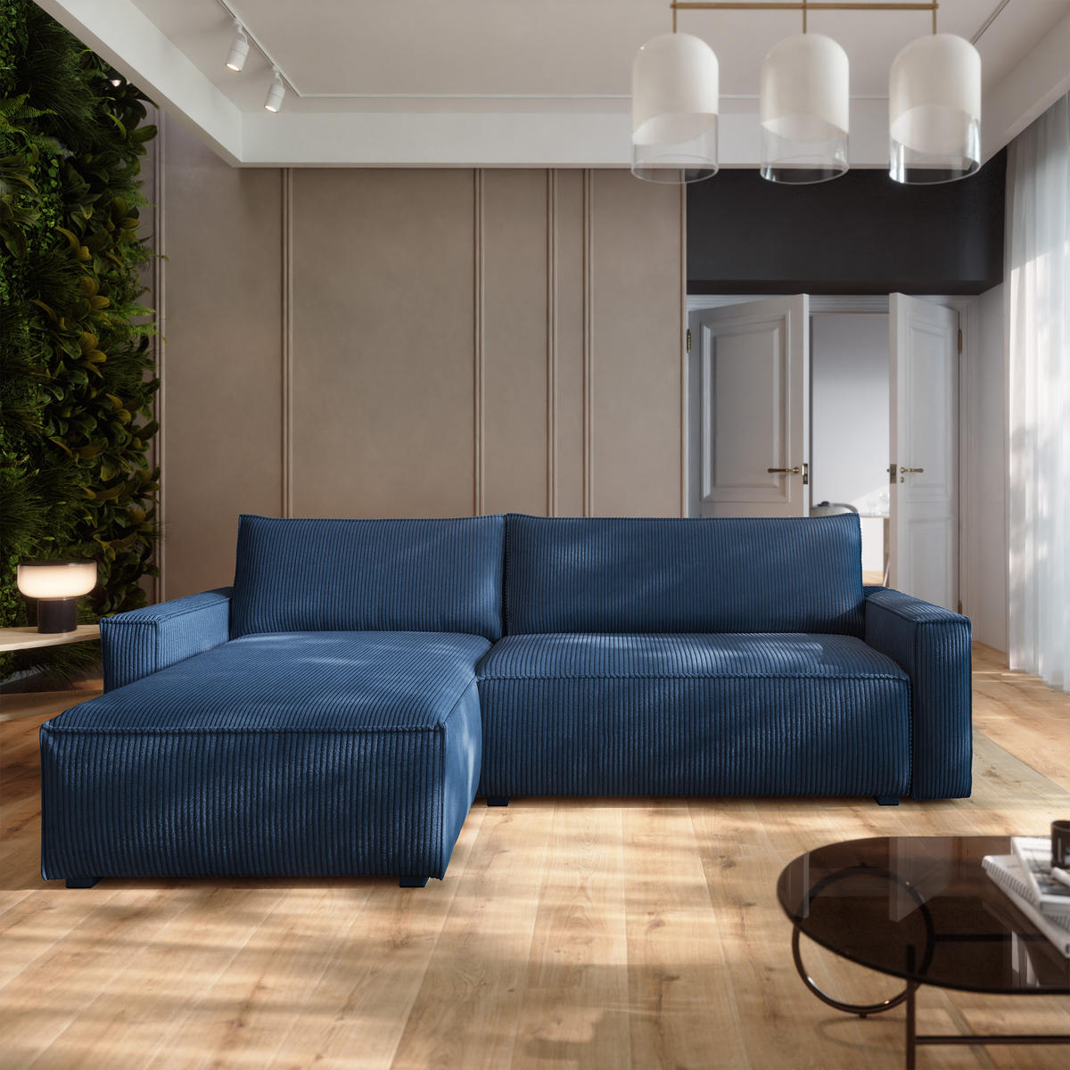 ECKSOFA BESMIR Blau Kordstoff mit Schlaffunktion - Blau, Holz (275/148cm) - MASSENO