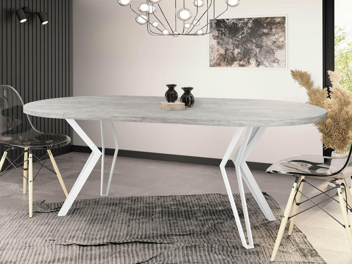 ESSTISCH Austin runder ausziehbarer, Grauer Beton 100-180/100/76 cm - Hellgrau/Weiß, Holzwerkstoff/Metall (100/100/76cm) - WFL GROUP