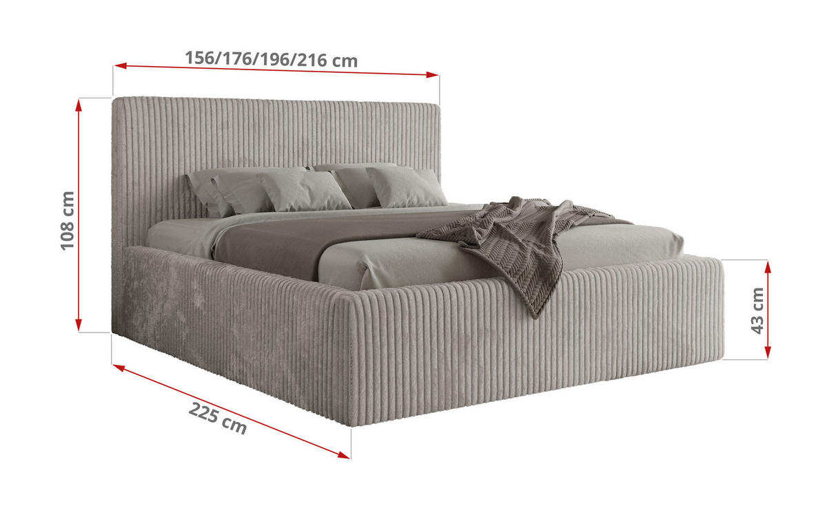 POLSTERBETT TILIANO CLASSIC 200/200 - Hellgrau Cord - Multipocket-Matratze - Hellgrau, Textil (200/200cm) - MKS