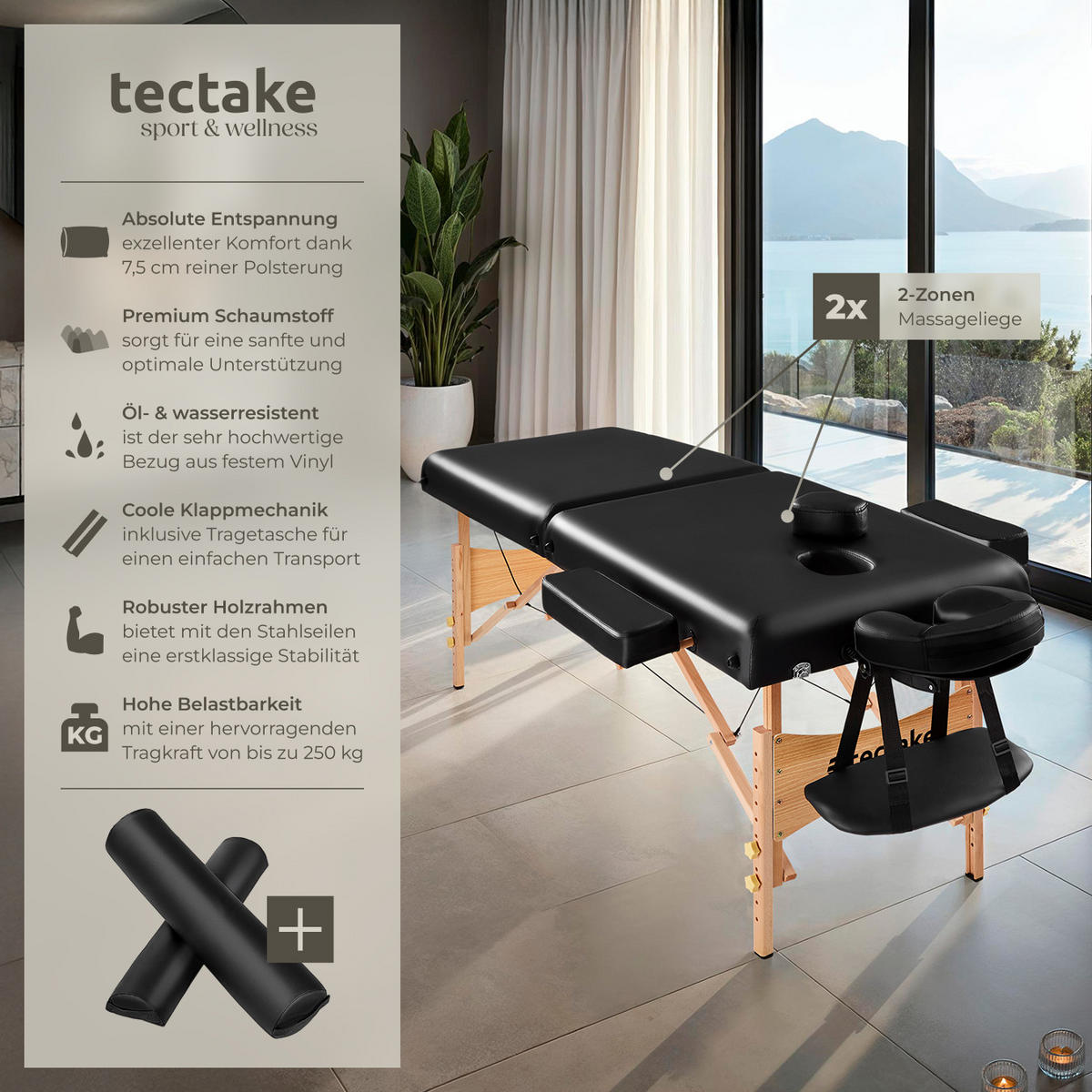 MASSAGELIEGE 2 Zonen, 220 x 83 x 87,5 cm,schwarz - Schwarz, Holz (59/65.5/187cm) - tectake