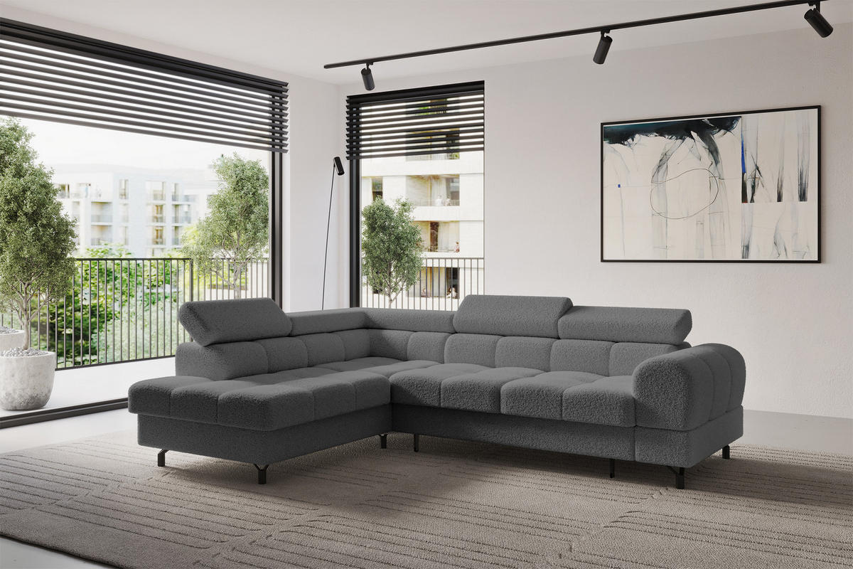 ECKSOFA mit Schlaffunktion Ottomane Links LUMA-L 272x203x70 Grau Bouclé - Chromfarben/Schwarz, Holzwerkstoff/Kunststoff (272/203cm) - ALTDECOR