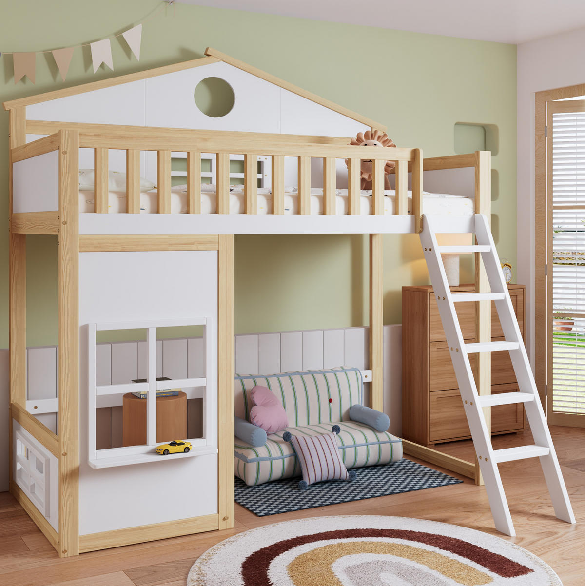 ETAGENBETT aus Kiefer und MDF 90x200 cm Weiß/Natur mit Treppe, Fallschutz und Hausdesign - Weiß, Holzwerkstoff (90/200cm) - IVMEU
