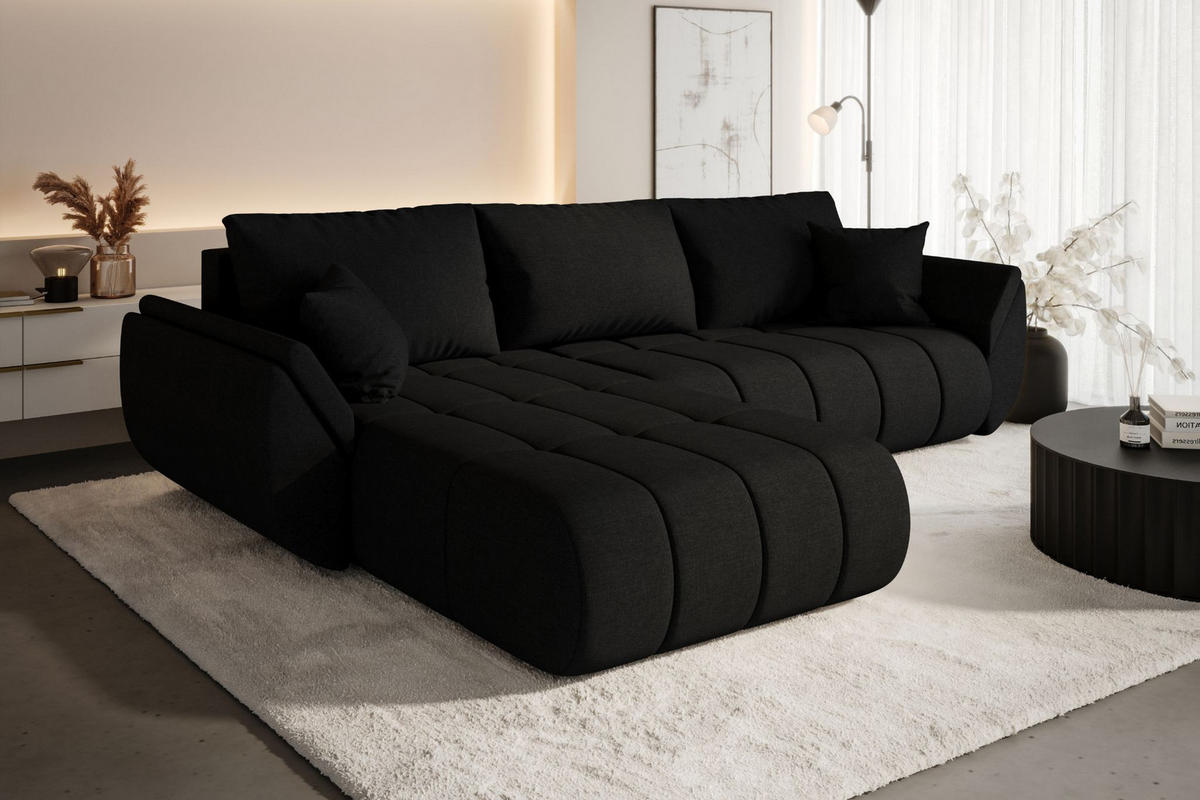 ECKSOFA TOKYO PREMIUM mit Schlaffunktion, Stoff WIND, Schwarz, Links - Schwarz, Holz (280/190cm) - Kaiser Möbel