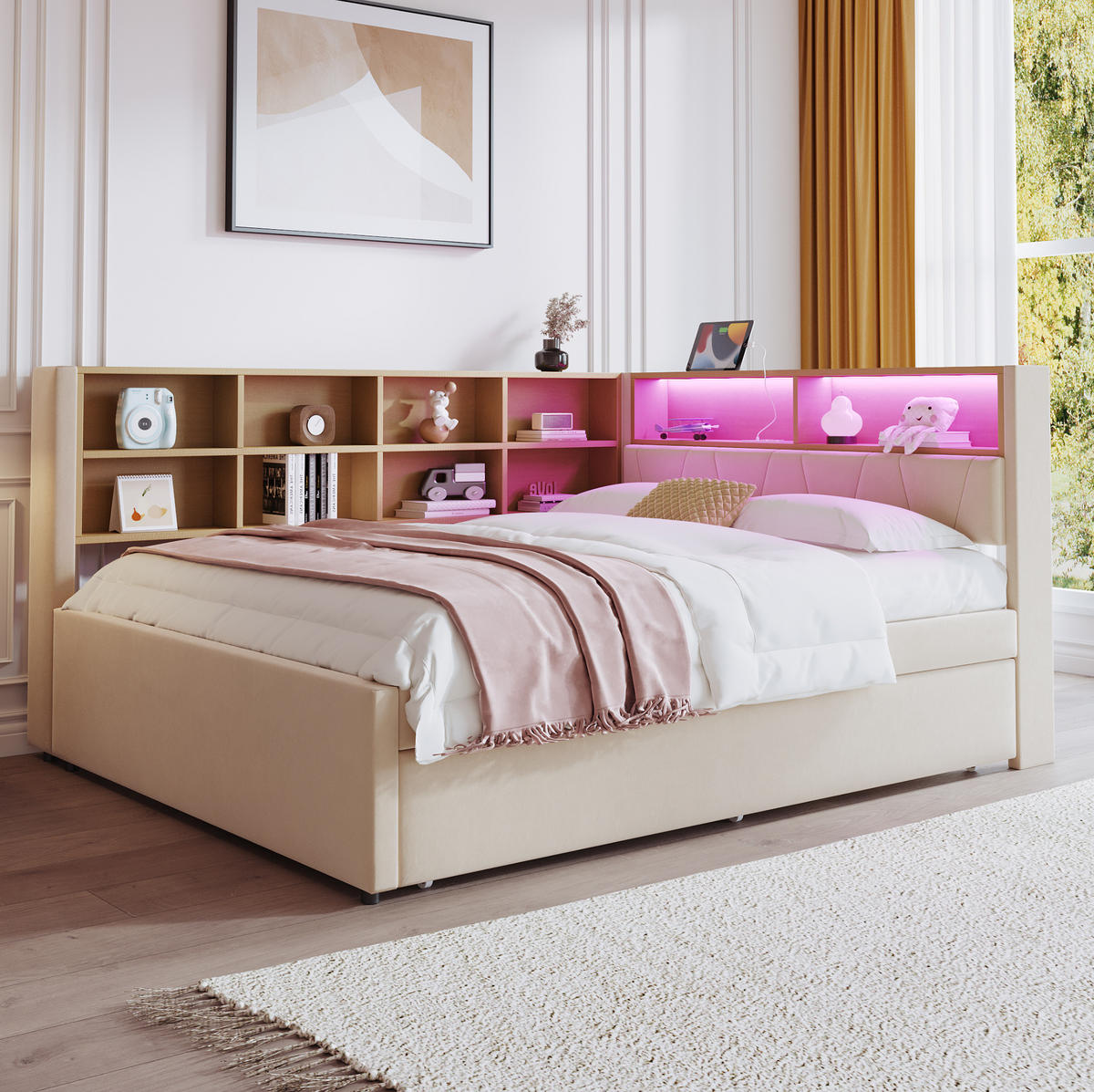 BETT 140/200 cm mit Ausziehbett 90/190 cm, Stauraum und LED - Beige, Textil (140/200cm) - BEAOK