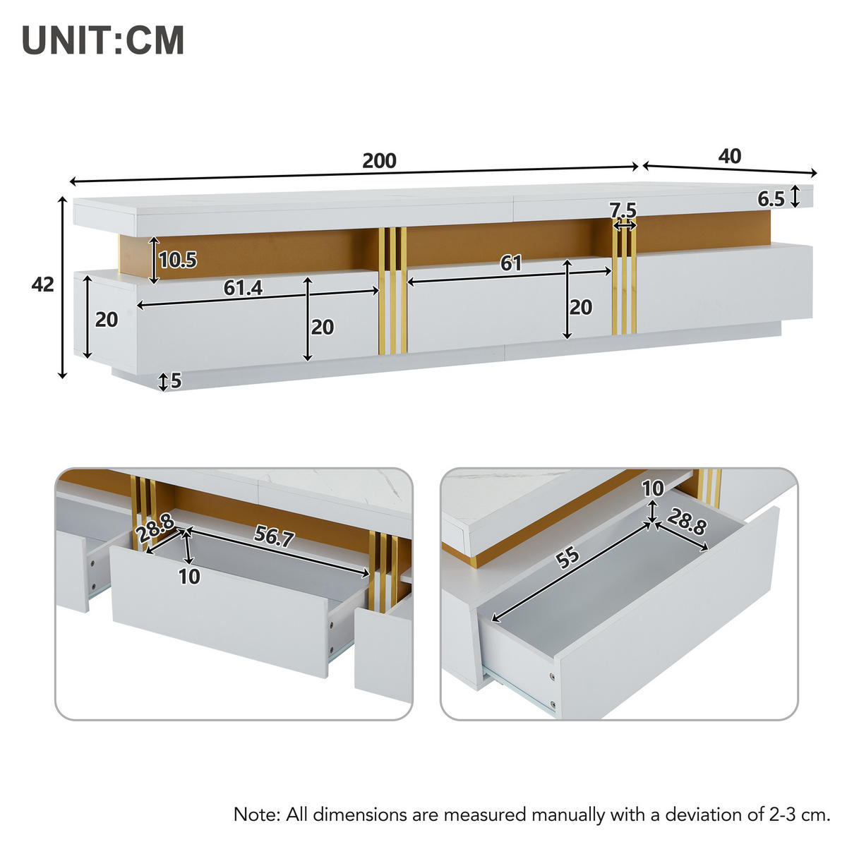 LOWBOARD in Weiß mit Marmor-Optik und Schubladen für Wohnzimmer, B200/T40/H42 cm - Weiß, Holzwerkstoff (200/42/40cm) - STILVORA