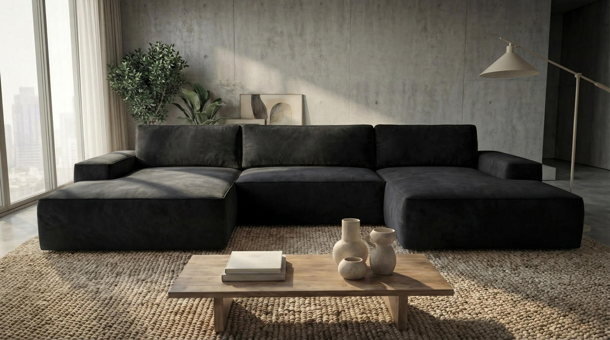 ECKSOFA EINAR 362 cm x 170 cm – Stoff: CASABLANCA Schwarz 16 Farbe: Schwarz - Schwarz, Textil (362/170cm) - A&J MöbelLand