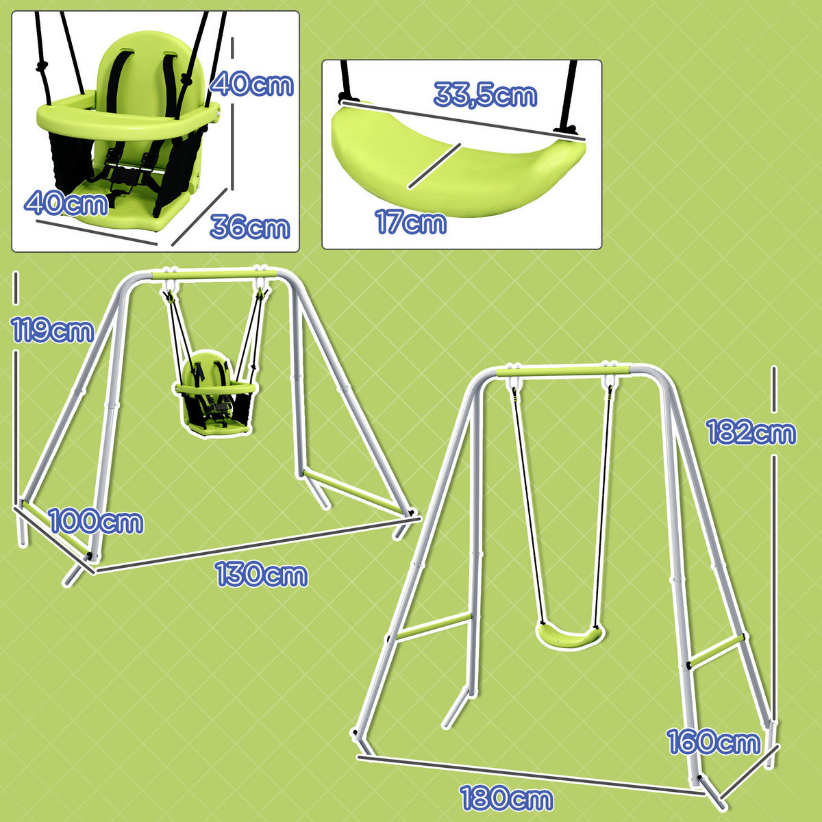 SCHAUKEL DE-17963 2-in-1 mit Baby- & Kinderschaukel Grün - Grün, Metall (160/182/180cm) - ComfortXL