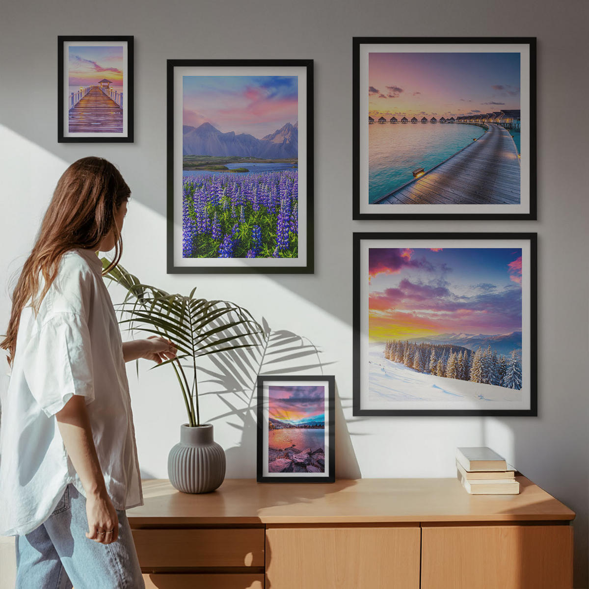 BILDER SET 5er Set - 50x50 cm & 20x30 cm & 40x60 cm Schwarzer Rahmen - Winterlandschaft des Pierbergs - Schwarz, Kunststoff (40/60cm) - TULUP