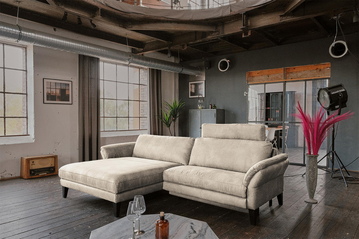 ECKSOFA MALTA Beige Webstoff - Beige/Schwarz, Buchenholz/Textil (302/175cm) - KAWOLA