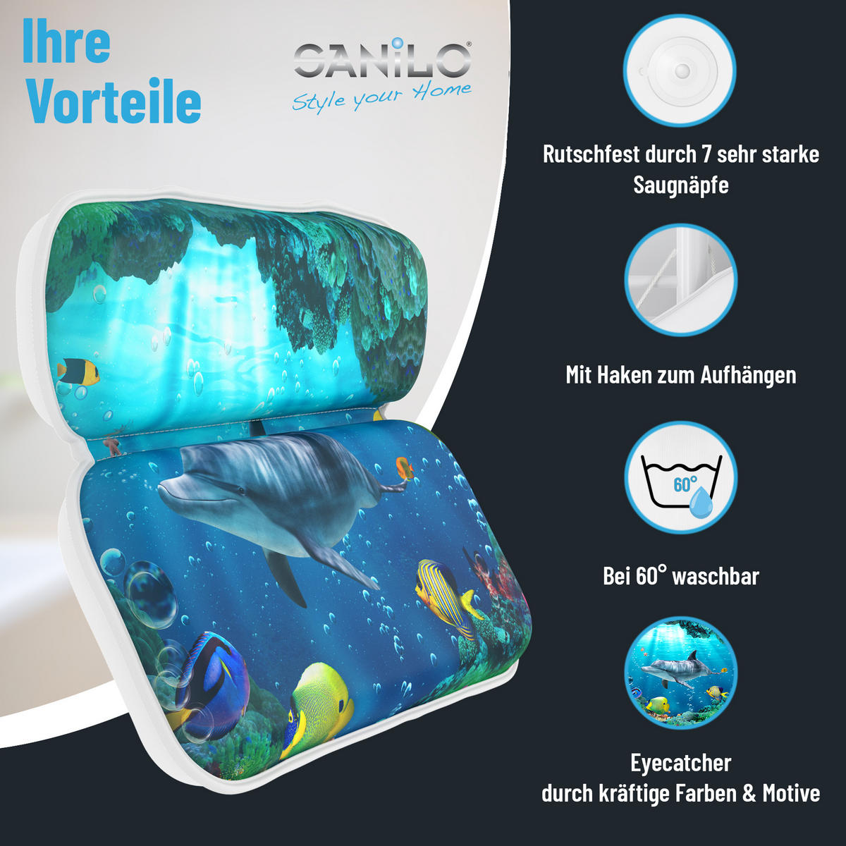 BADEWANNENKISSEN Delphin Korallen - Blau, Kunststoff (39/5.5cm) - Sanilo