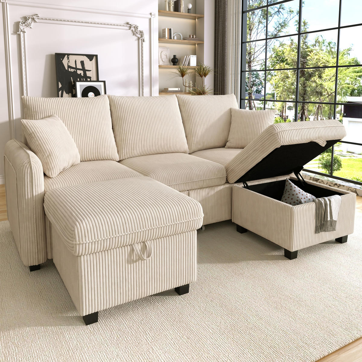 WOHNLANDSCHAFT 188/186/86 cm Dunkelgrau mit 2 Fußhocker und 2 Schubladen - Beige, Textil (188/86/186cm) - Oxeza