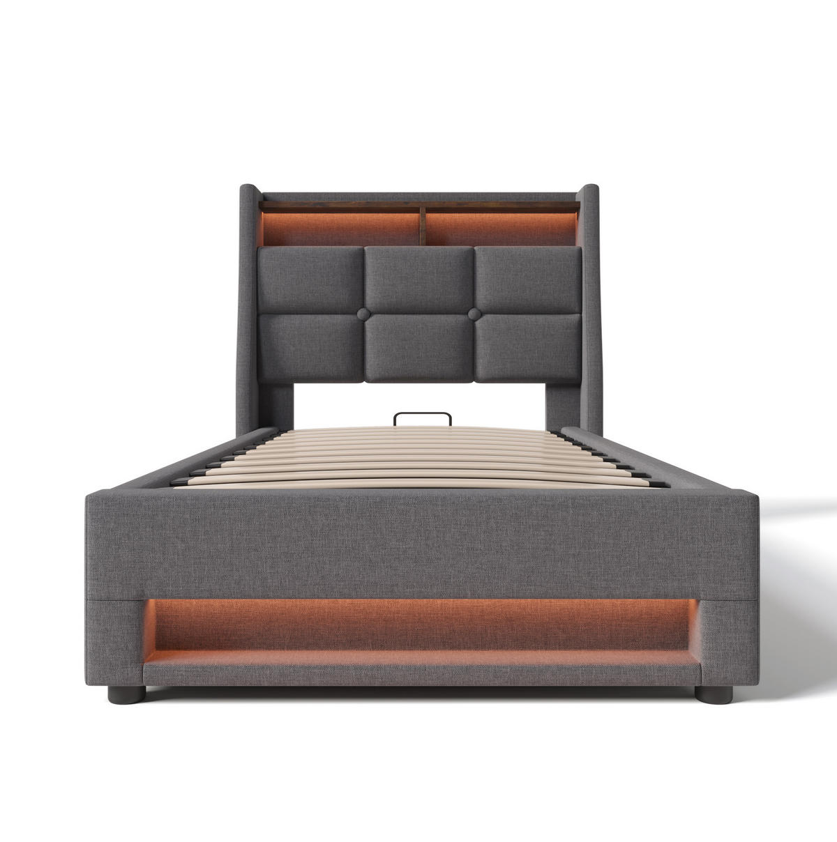 POLSTERBETT mit LED-Beleuchtung 90/200 cm mit USB, Bettkasten und gepolstertem Kopfteil - Grau, Textil (90/200cm) - BEAOK