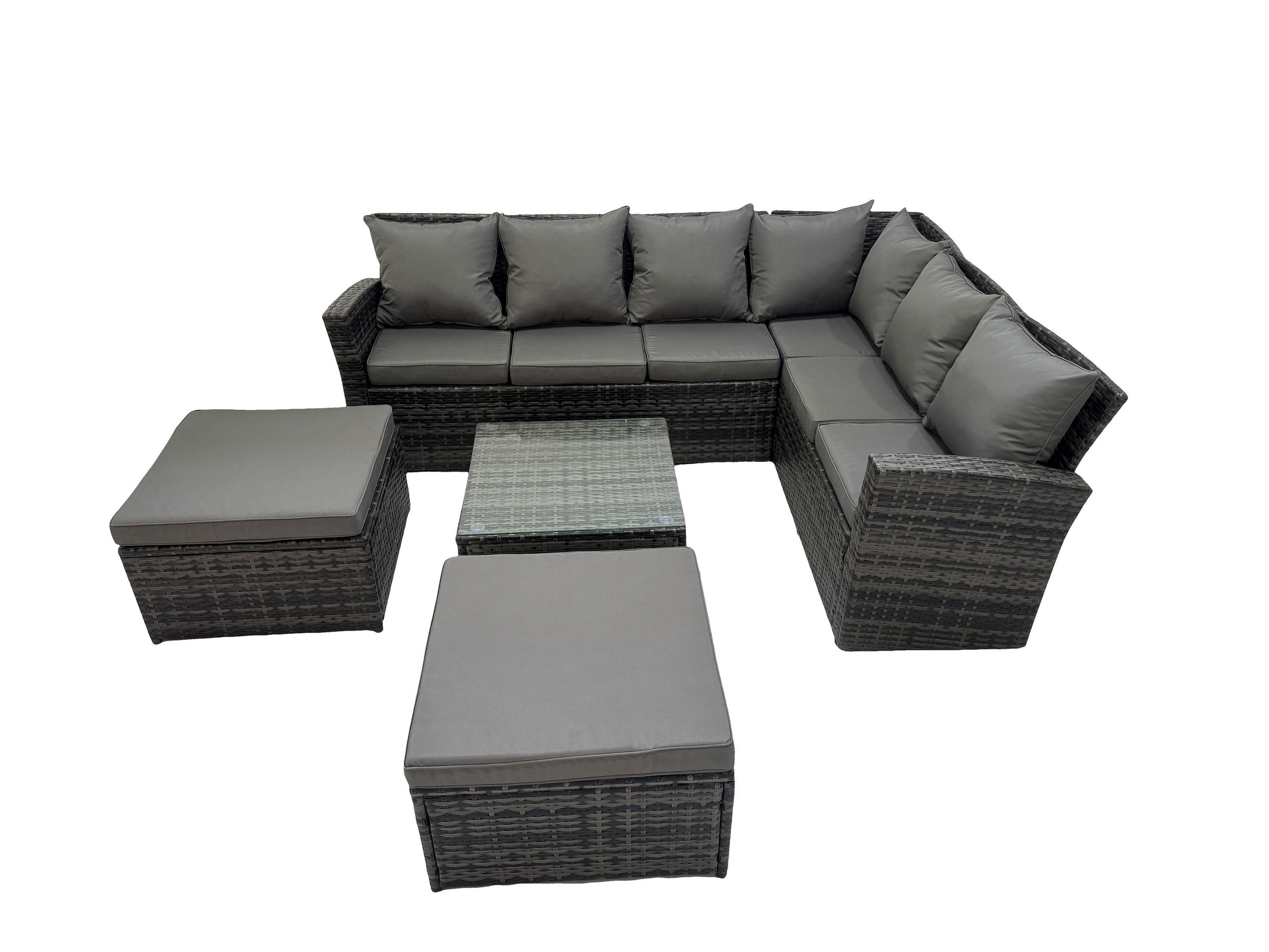 LOUNGEGARNITUR mit Couchtisch Sofa Polyrattan Dunkelgrau 8-Sitzer - Dunkelgrau/Grau, Glas/Kunststoff - Fimous