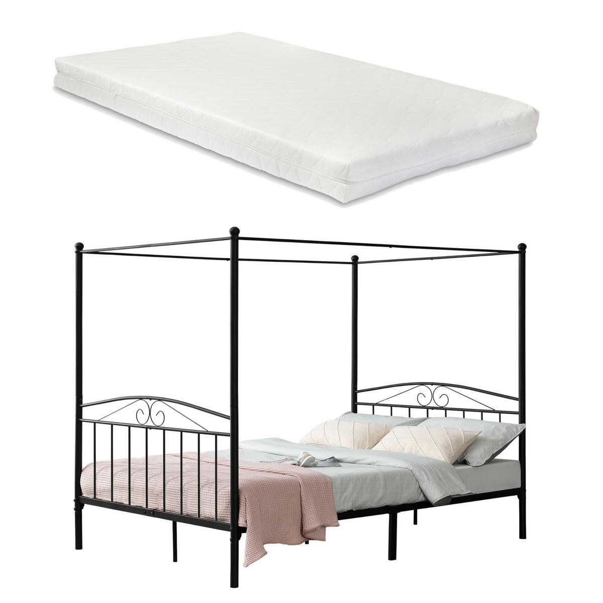 HIMMELBETT Lahti mit Matratze - Schwarz, Textil/Metall (180/200cm) - [en.casa]