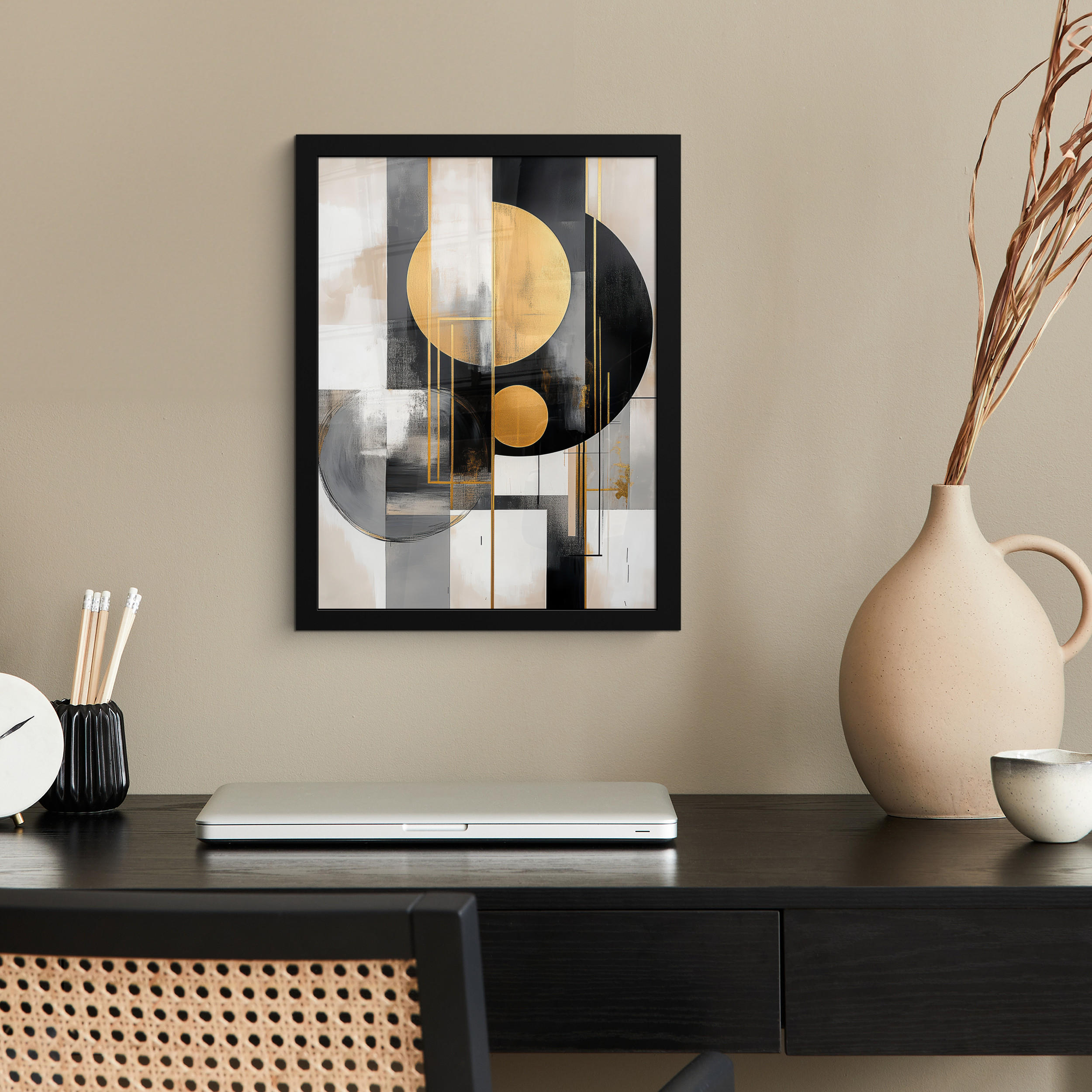 GERAHMTES BILD Abstrakt - Gold - Silber - Formen - Ästhetisch - Modern 30x40 cm - Goldfarben, Papier (30/40cm) - MuchoWow