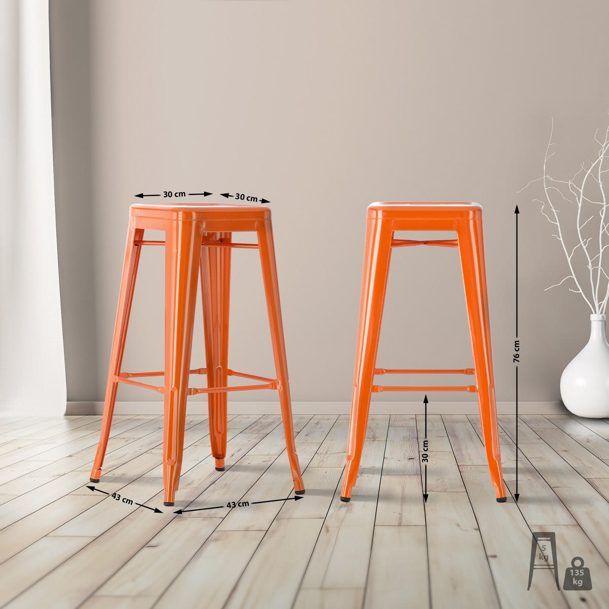 BARHOCKER Joshua 2er Set 43x43x76 cm orange - Orange, Metall (43/76/43cm) - furnicato
