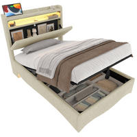 POLSTERBETT aus Leinen, Metall und MDF 90x200 cm Beige mit LED, Hydraulik-Stauraum und USB-/Typ-C-Anschlüssen - Beige, Textil (90/200cm) - IVMEU