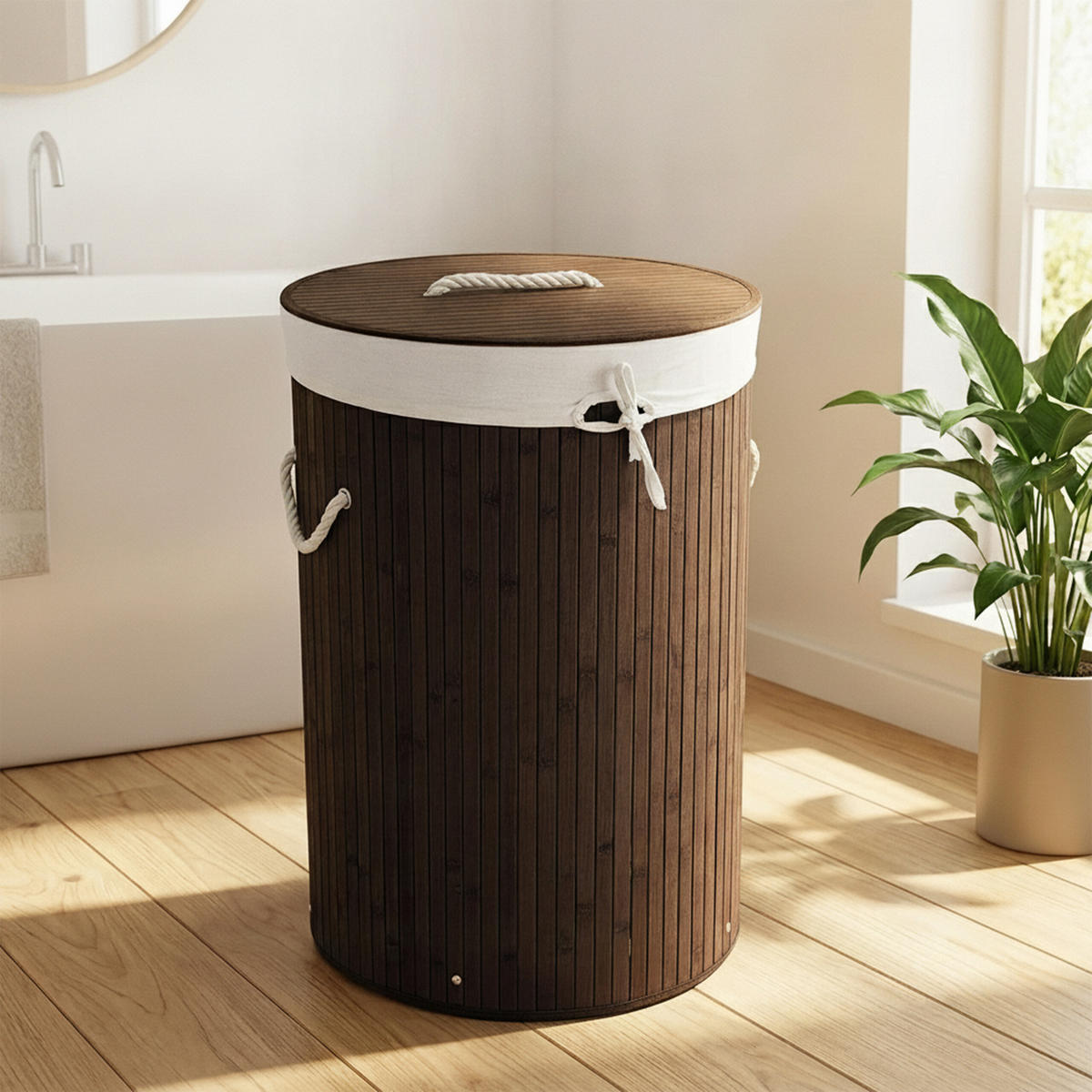 KOŠ ZA PERILO rjava bambus okrogel s pokrovom zložljiv 70 l - rjava, tekstil/les (41/65/41cm) - Relaxdays