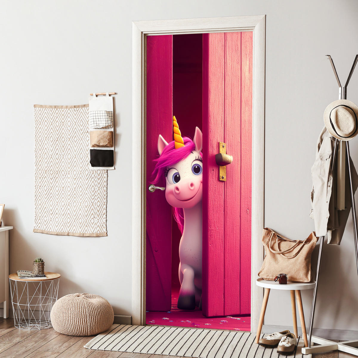 FOTOTAPETE Tür - Einhorn - Rosa - Tür - Fantasie 95x235 cm - Pink, Kunststoff (95/0.1cm) - MuchoWow