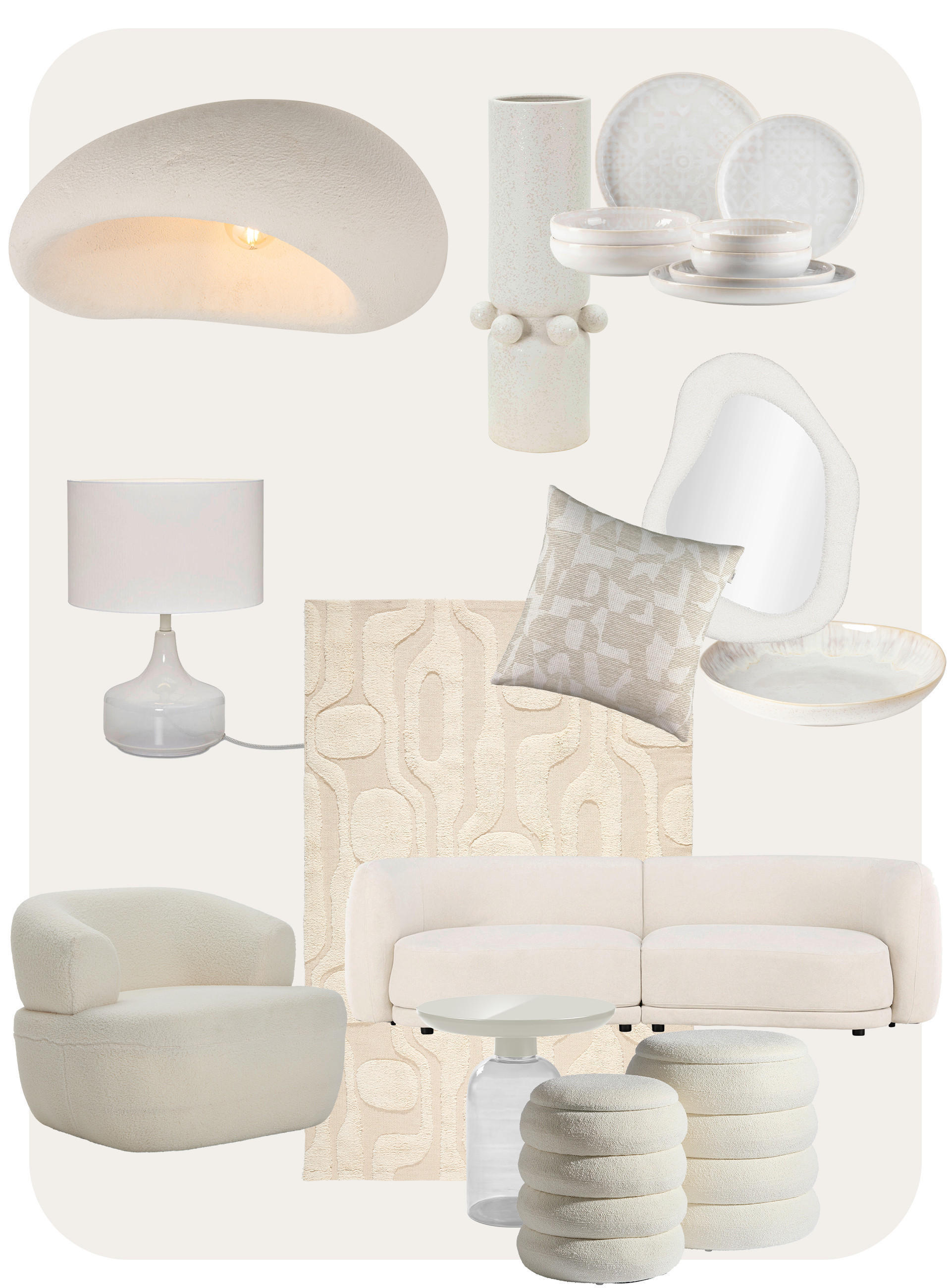 Cloud Dancer farba roku 2026, koláž produktov v bielej farbe, biely nábytok, biele bytové doplnky