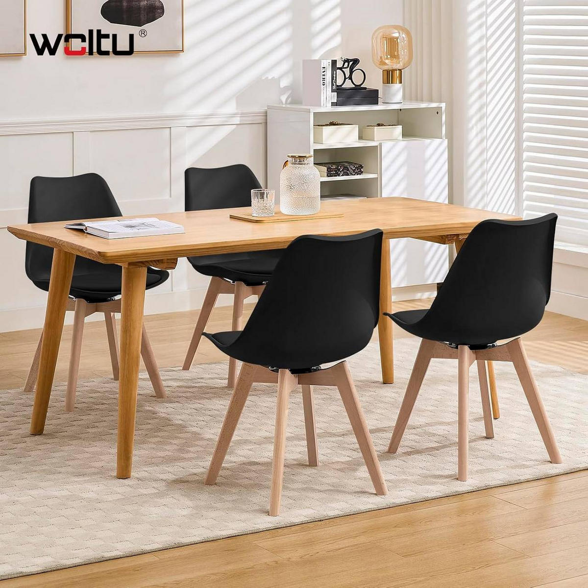 STUHL 2er Set, drehbar, Kunstleder, Massivholz, Schwarz - Buchefarben/Schwarz, Holz/Kunststoff (48/83/58.5cm) - Woltu